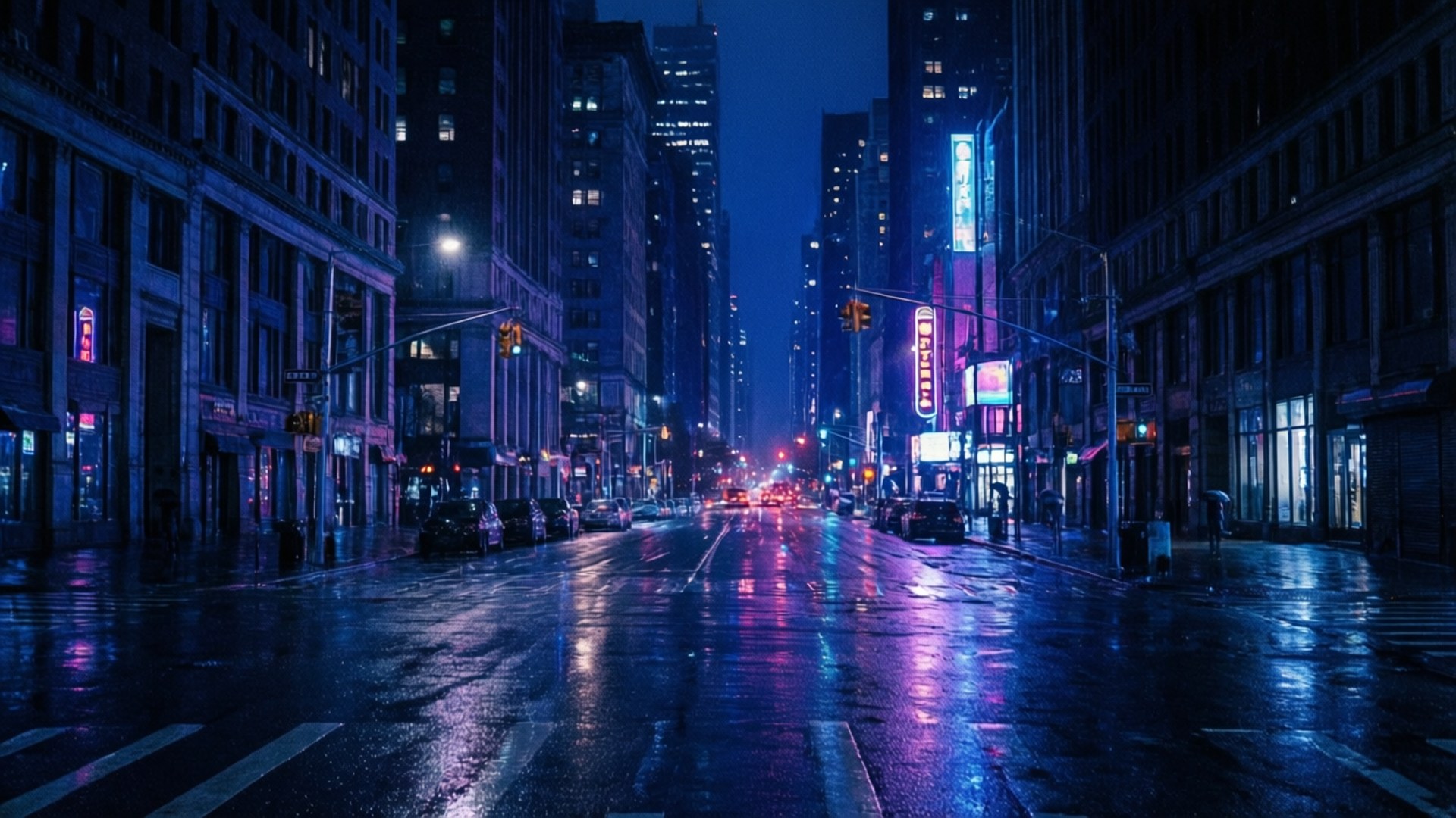 霓虹暗夜城市 壁紙 — 雨濕的城市街道在夜晚反射著高聳建築物的霓虹燈光，在深藍色的天空下。