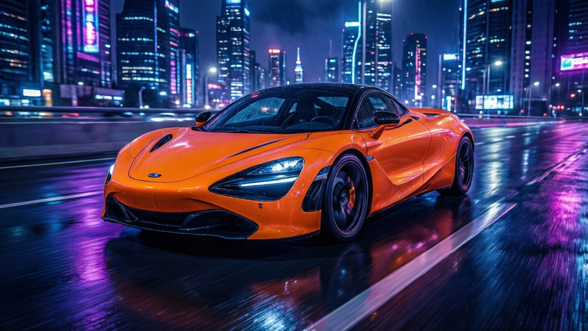 霓虹橙極速跑車 壁紙 — 一輛充滿活力的橙色McLaren跑車在夜晚穿過霓虹燈閃爍的城市，濕漉漉的街道反射著燈光。