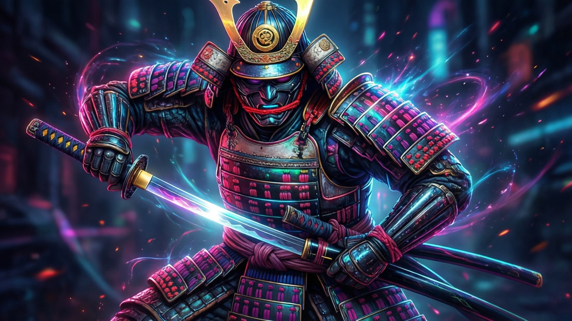 霓虹武士戰士 壁紙 — 一位身穿發光盔甲的武士在黑暗的未來城市中，於紫色和藍色電能火花中揮舞著劍。