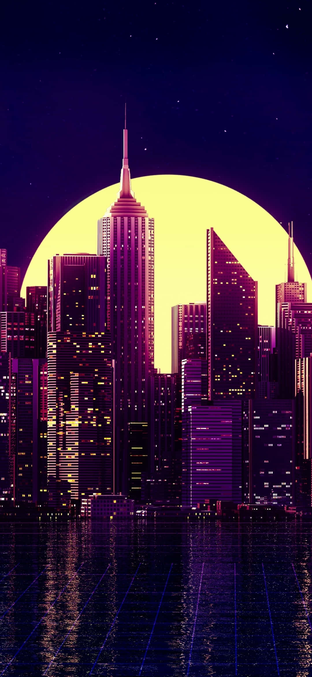 New York Art 桌布 壁紙 — 霓虹燈下的城市天際線夜景，一輪巨大的黃月亮從摩天大樓後升起，倒映在水中。