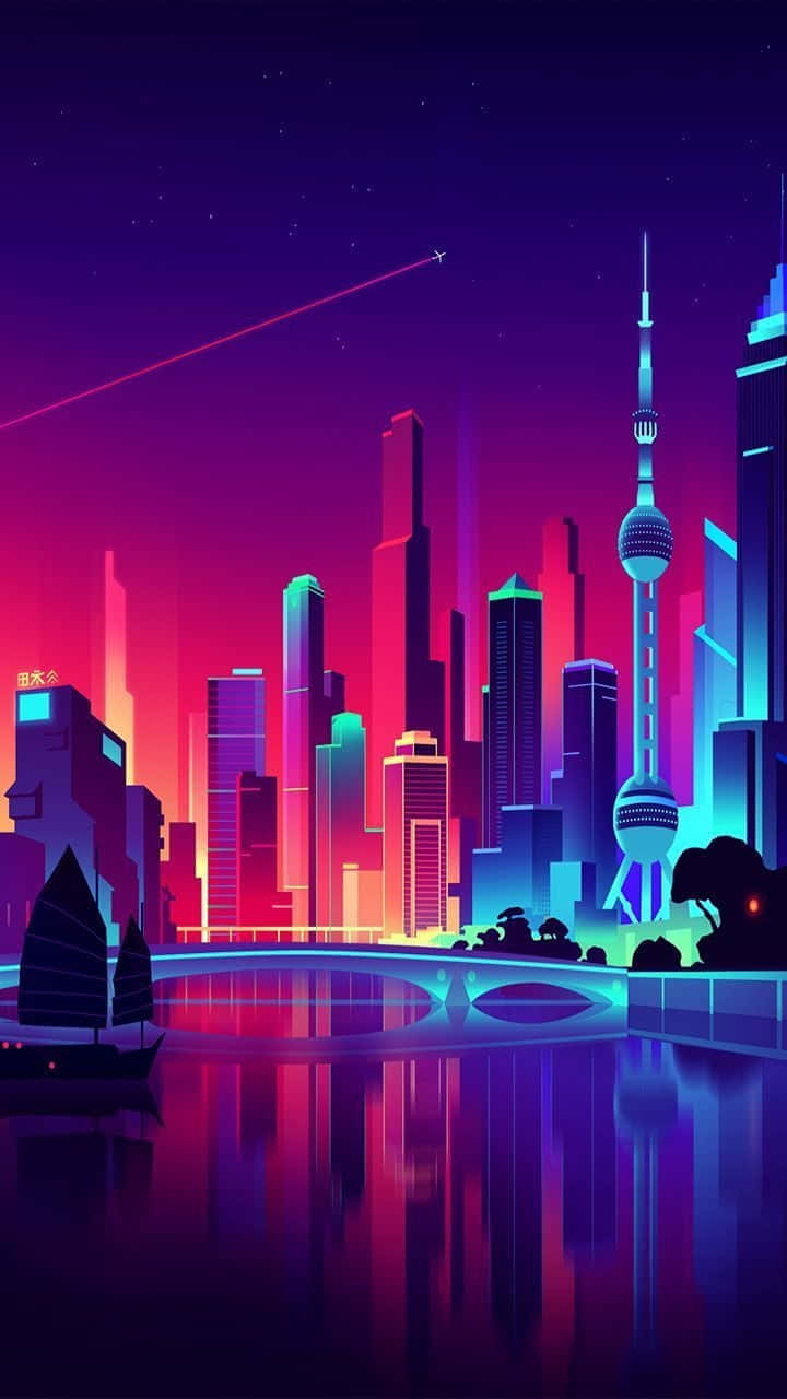 霓虹燈下的城市景觀與船隻 壁紙