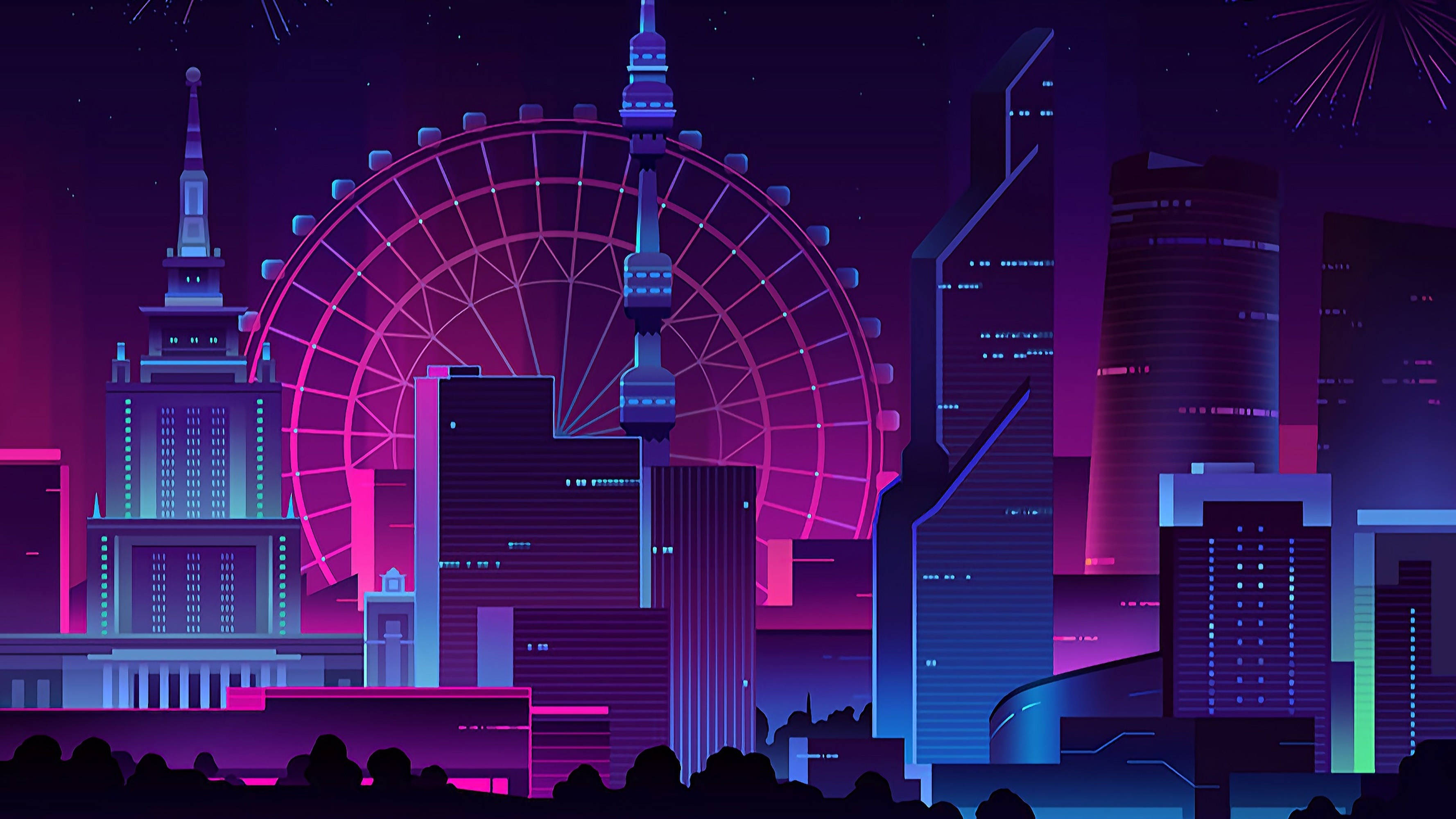 Buildings 桌布 壁紙 — 霓虹燈光下的未來城市夜景，發光的粉紅色摩天輪在星空下高聳於摩天大樓之上。