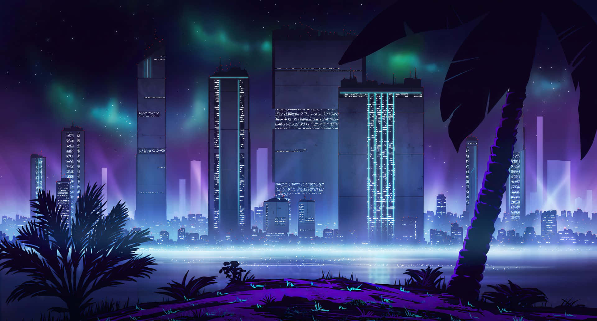 Cyberpunk Laptop 桌布 壁紙 — 霓虹燈光下的未來城市天際線夜景，閃爍的摩天大樓和棕櫚樹，在充滿活力的極光下。