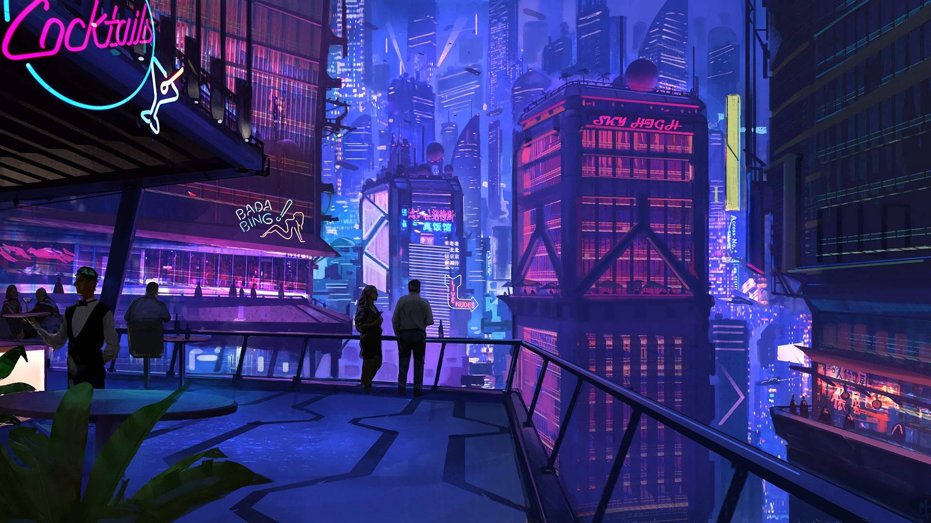 電馭叛客2077 桌布 壁紙 — 霓虹燈光下的賽博龐克城市夜景，閃爍的招牌和屋頂上俯瞰高聳摩天大樓的剪影人物。
