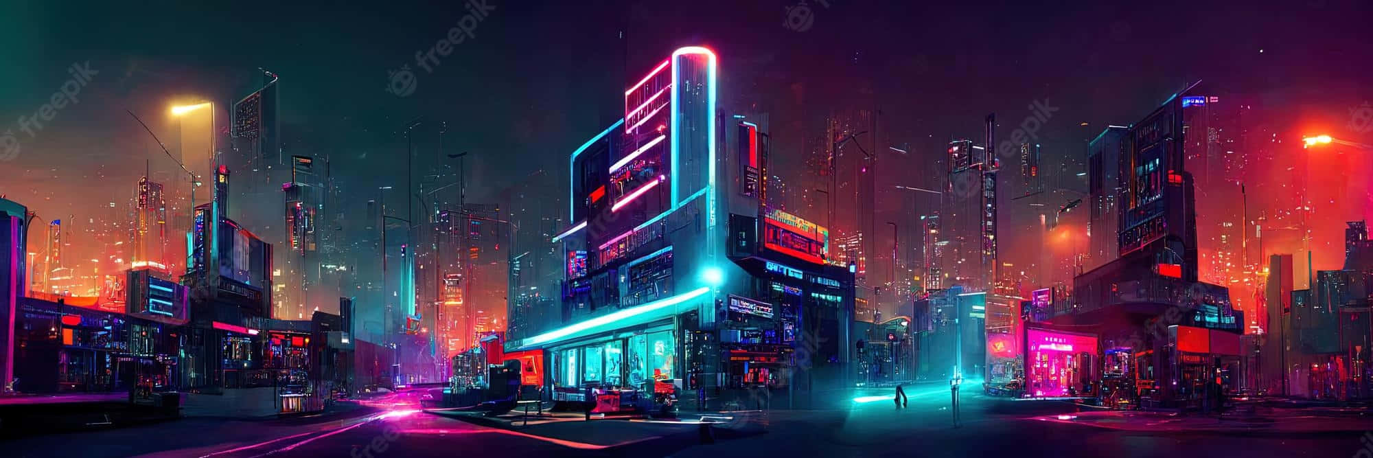 Future City 桌布 壁紙 — 霓虹燈光下的賽博龐克城市夜景，高聳的摩天大樓閃爍著電光色調，雨水浸濕的街道反射出鮮豔的光芒。