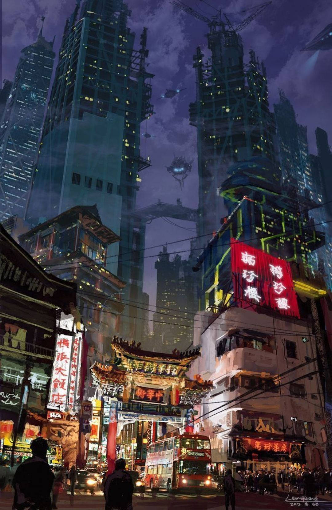 日本 桌布 壁紙 — 霓虹燈光下的賽博龐克城市夜景，高聳的摩天大樓、飛行車輛和傳統建築融合在未來的混亂中。