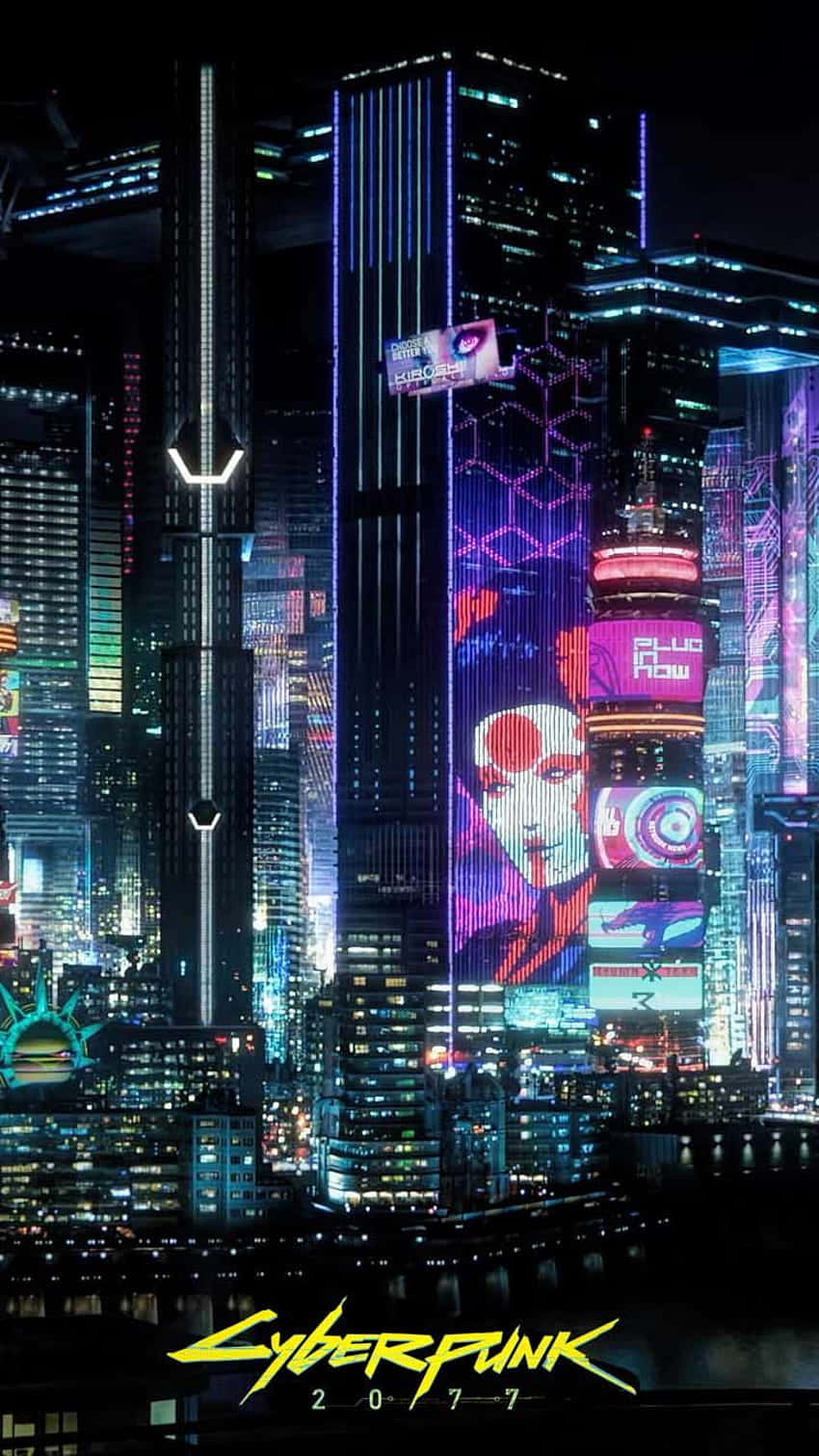 Pixel 3 Cyberpunk 2077 桌布 壁紙 — 霓虹燈光下的賽博龐克城市夜景，高聳的摩天大樓展示全息廣告和發光的數位廣告看板。