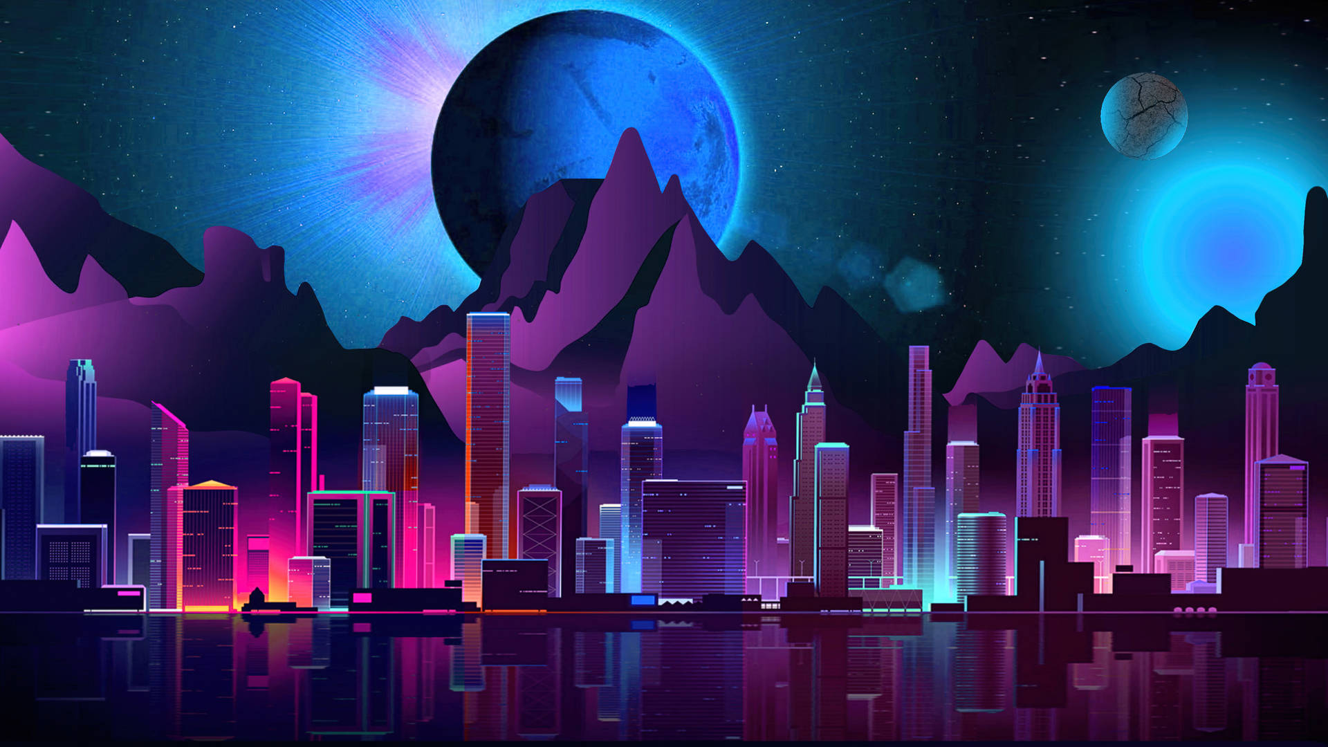 城市 桌布 壁紙 — 霓虹燈光浸染的未來城市夜景，摩天大樓在宇宙天空下於水中倒映，天空中有巨大行星。