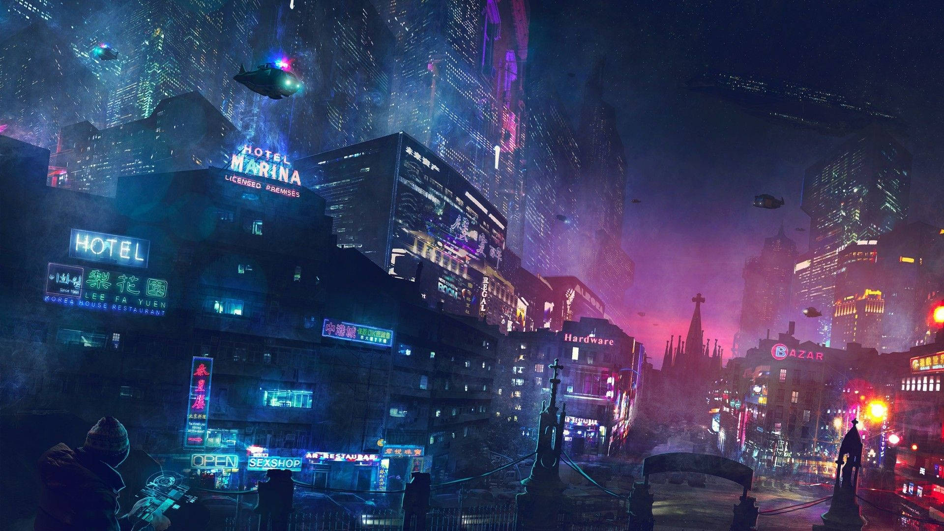 Cyberpunk Aesthetic 桌布 壁紙 — 霓虹燈光籠罩的賽博龐克城市夜景，飛行車輛和發光招牌映照在濕漉漉的街道上。