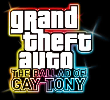 Gta 桌布 壁紙 — 霓虹燈照亮的 'Grand Theft Auto The Ballad of Gay Tony' 標誌，在黑色背景上帶有星爆效果，發出電黃色和藍色光芒。