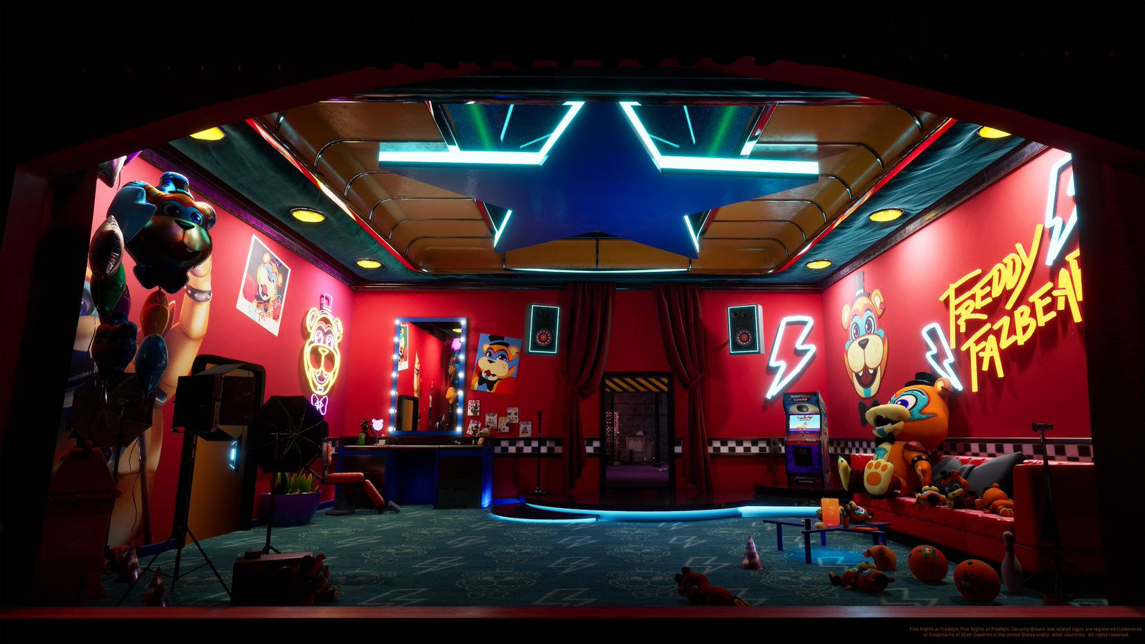 Freddy Fazbear's Pizza舞台，有動畫角色和霓虹燈。