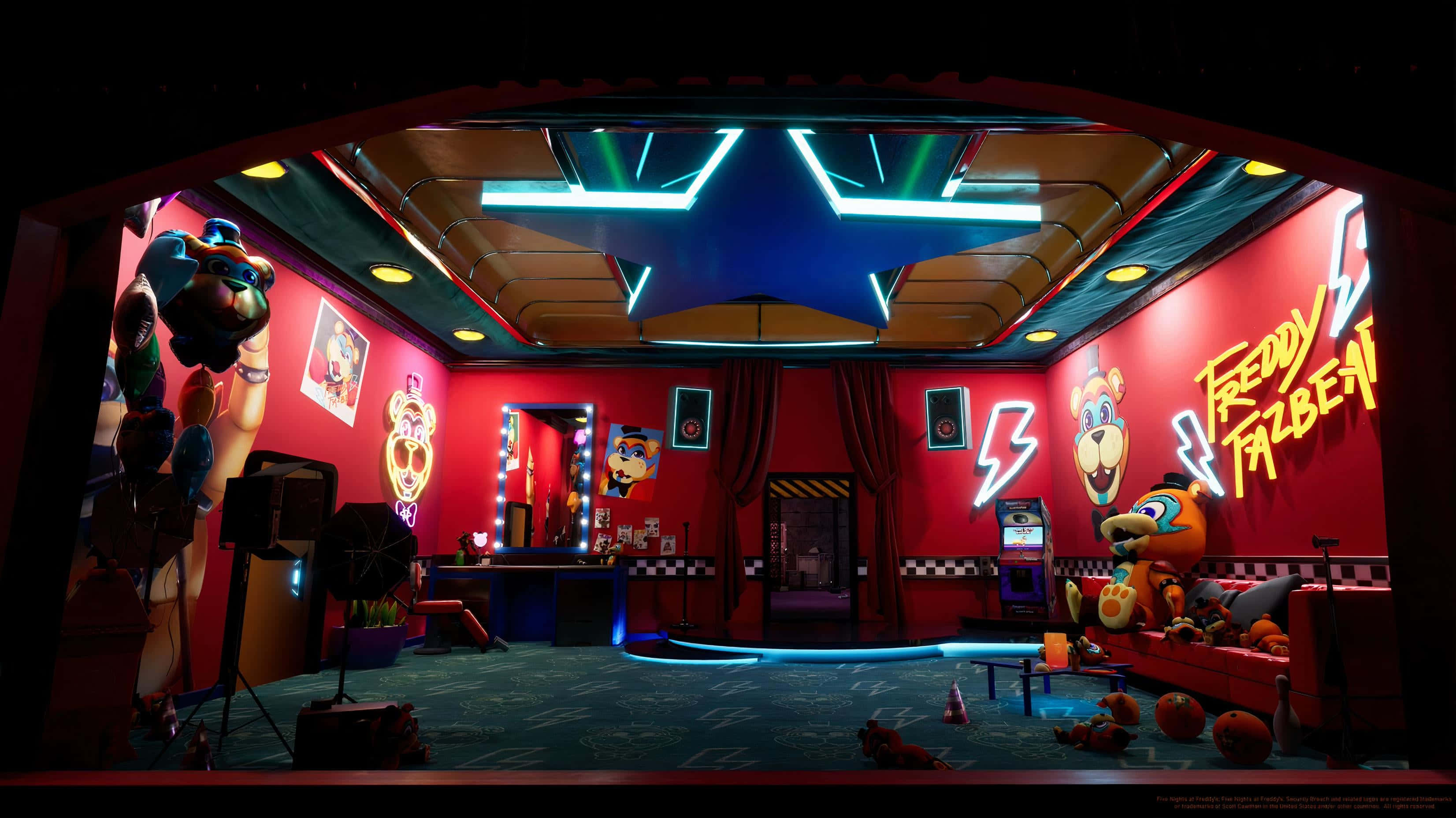 佛萊迪餐館之五夜驚魂 桌布 壁紙 — 霓虹燈照亮的Freddy Fazbear's Pizza舞台，有動畫角色和鮮紅色牆壁，下方是發光藍色星星天花板。