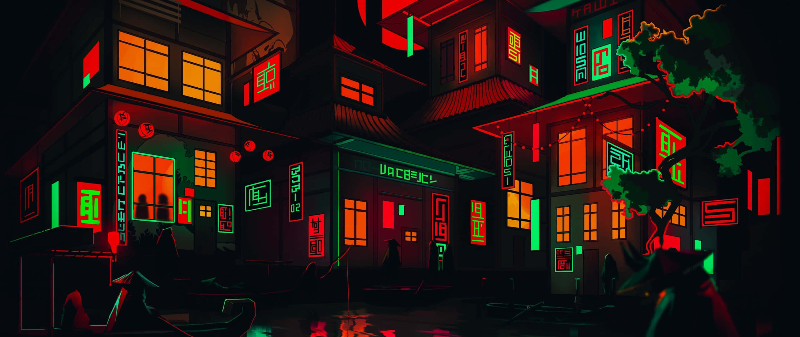 Art 2560x1080 桌布 壁紙 — 霓虹燈照亮的傳統日本建築在黑暗的雨夜街道上閃爍著紅色和綠色的光芒。