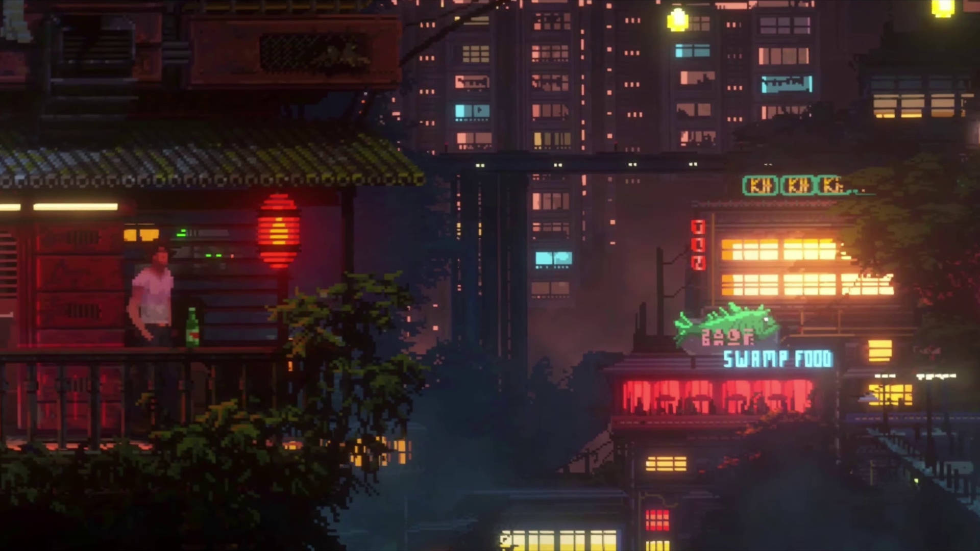 X 桌布 壁紙 — 霓虹燈照亮的夜晚城市景觀，有發光的招牌和霧氣瀰漫的街道，浸在紅、橙、藍色調中。