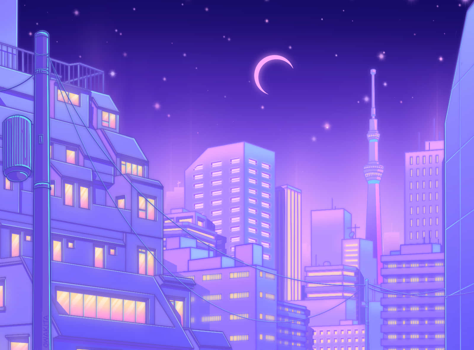 東京 桌布 壁紙 — 霓虹燈照亮的夜景城市，發光的窗戶和新月在繁星點點的紫色天空下。
