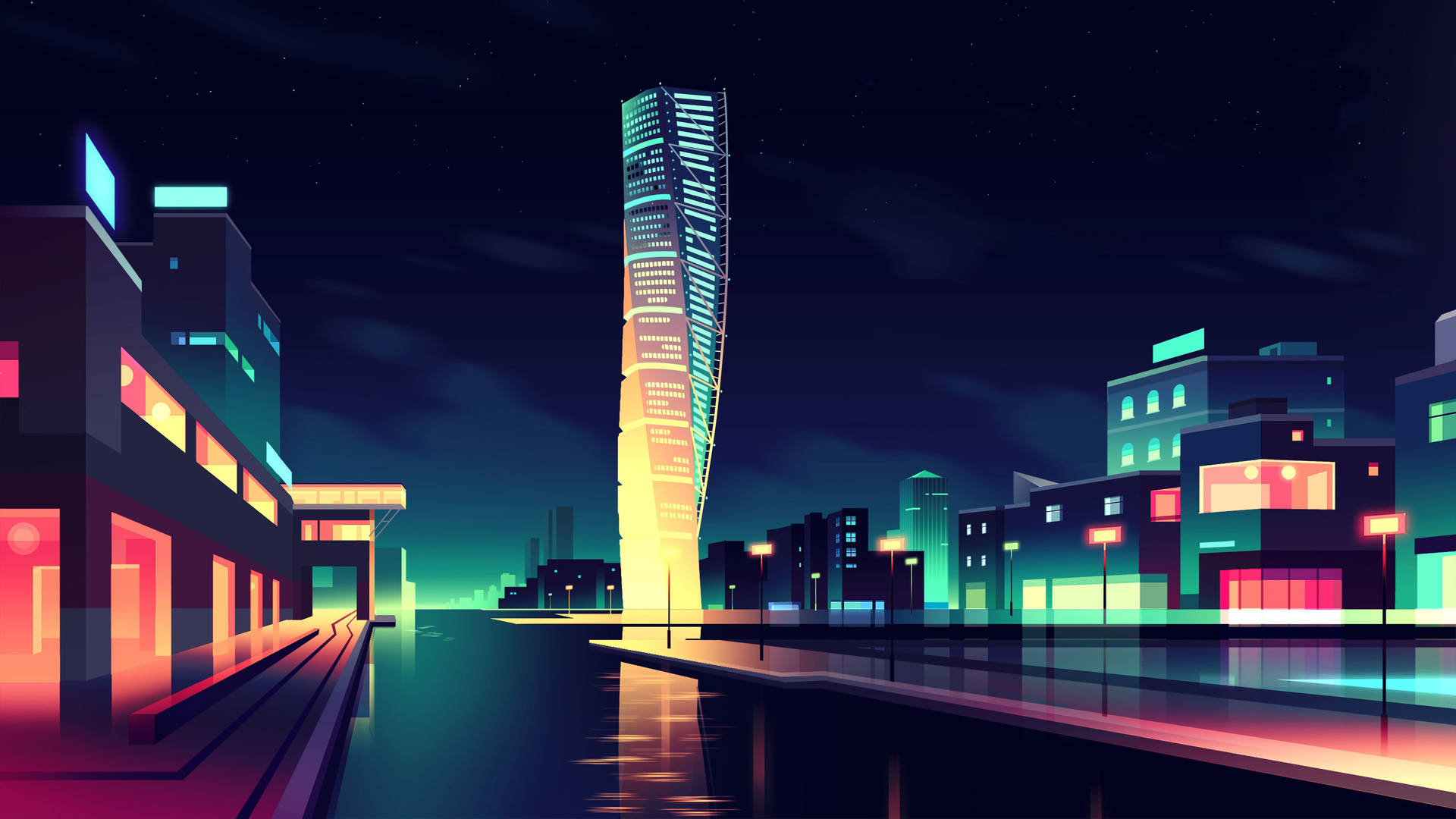  壁紙 — 霓虹燈照亮的未來城市夜景，一座高聳入雲的摩天大樓在星空下閃耀。