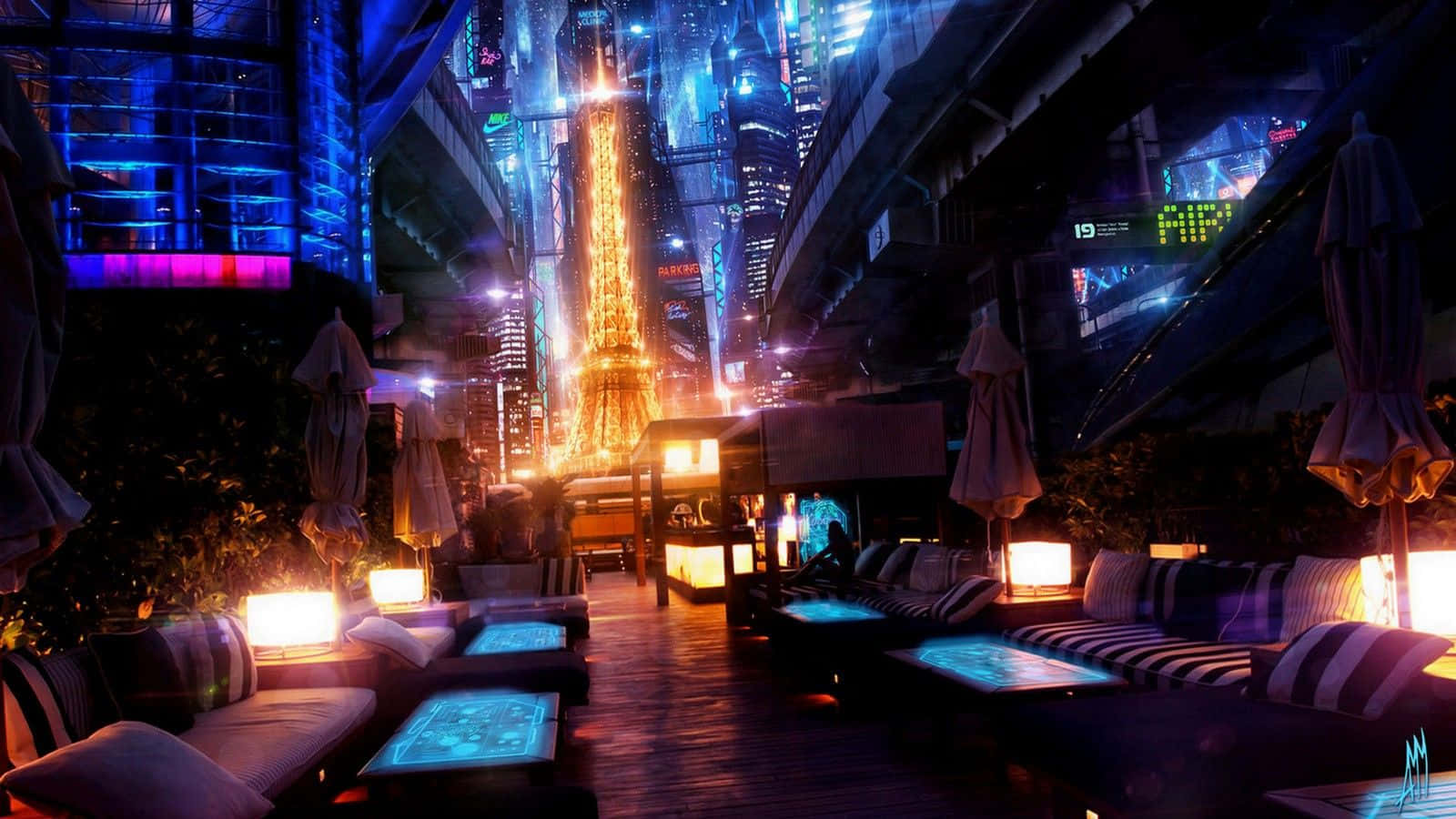 Future 桌布 壁紙 — 霓虹燈照亮的未來城市夜景，有發光的摩天大樓和遠處的發光塔。