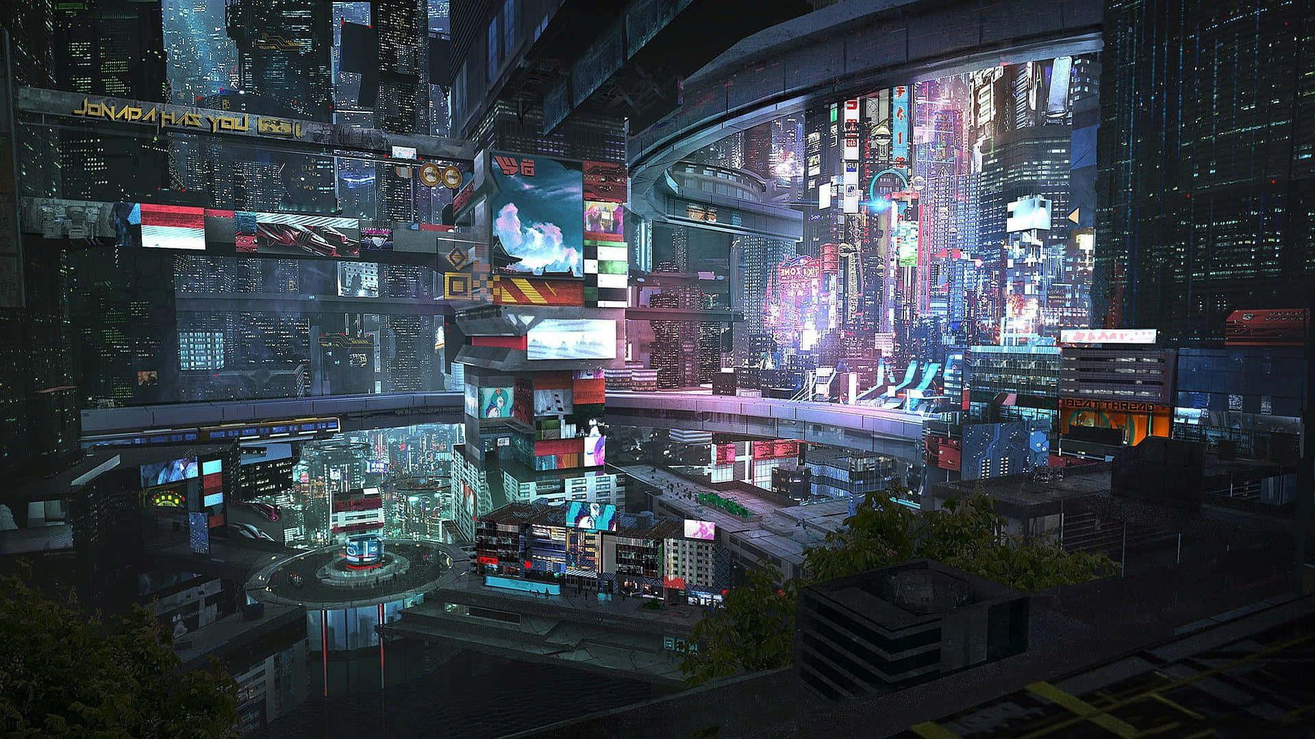 賽博龐克城市 桌布 壁紙 — 霓虹燈照亮的未來城市夜景，高聳的摩天大樓和發光的廣告牌在濕漉漉的街道上反射。