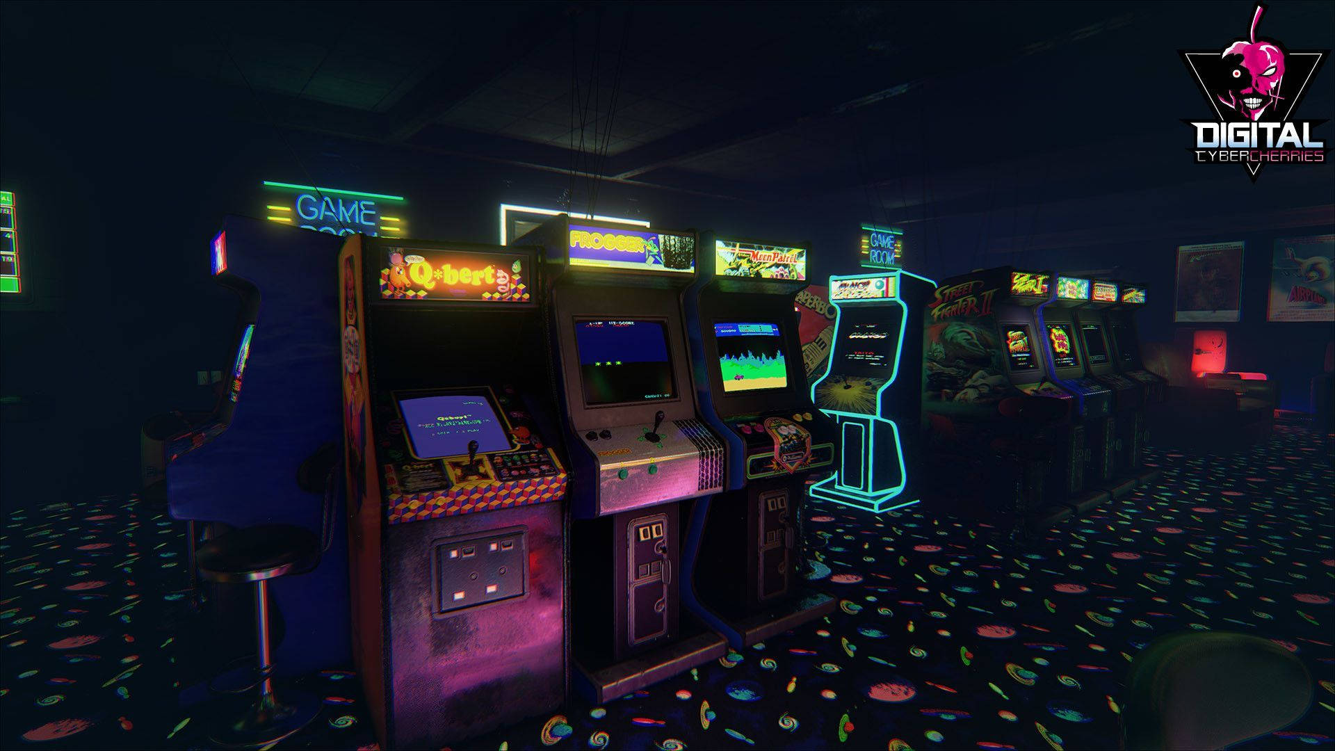 arcade 桌布 壁紙 — 霓虹燈照亮的街機在昏暗的復古遊戲廳中發光，鋪有彩色圖案地毯和懸掛的標誌。