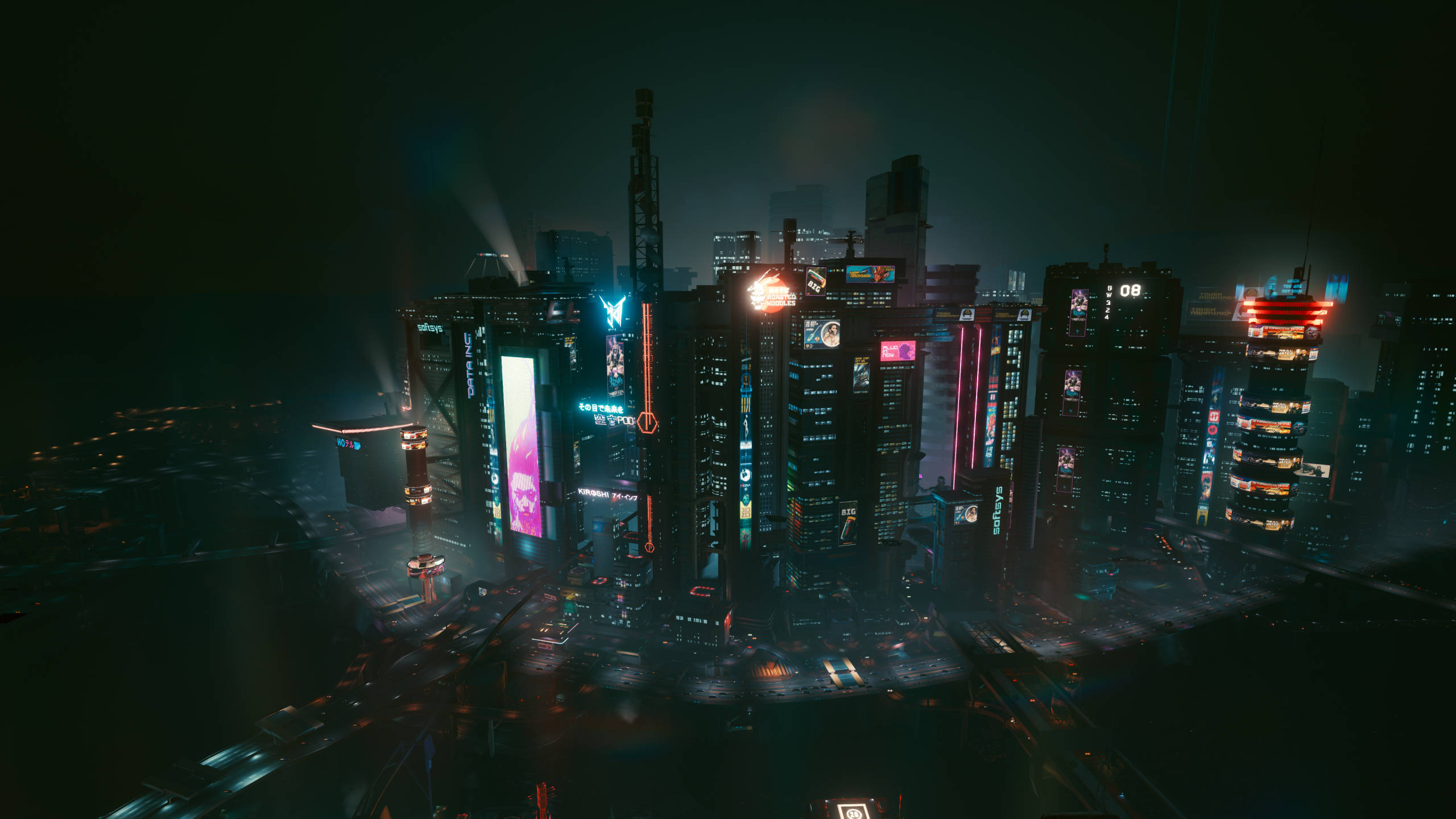 桌布 壁紙 — 霓虹燈照亮的賽博龐克城市夜景，高聳的摩天大樓在濕滑的街道上發光。