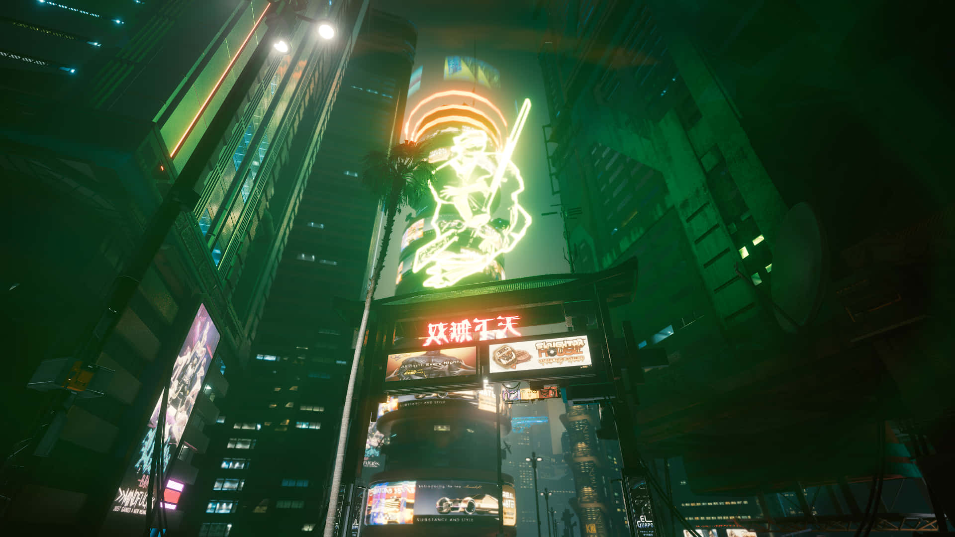 Cyberpunk Night City 桌布 壁紙 — 霓虹燈照亮的賽博龐克城市夜景，高聳的摩天大樓和發光的全息廣告牌投射出綠光。