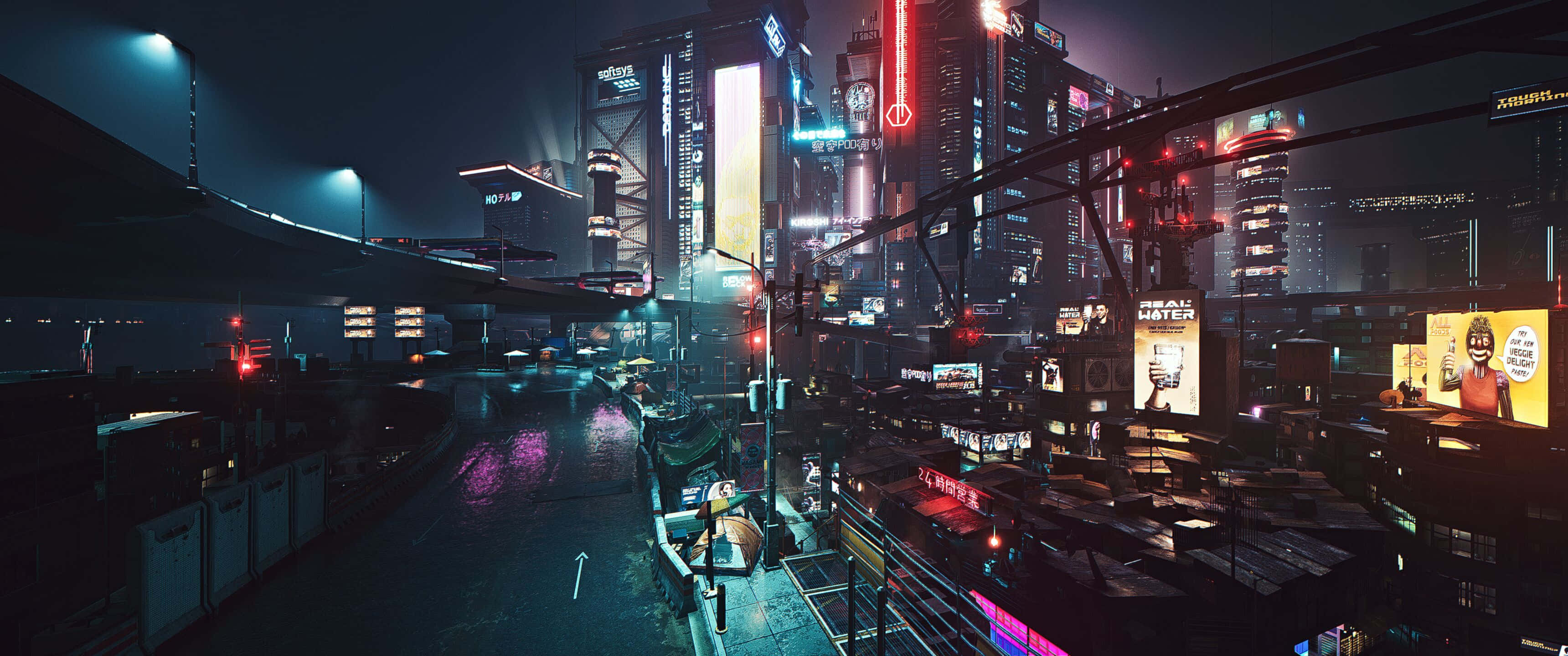 遊戲 桌布 壁紙 — 霓虹燈照亮的賽博龐克城市夜景，高聳的摩天大樓在濕漉漉的運河和高架人行道上閃耀。