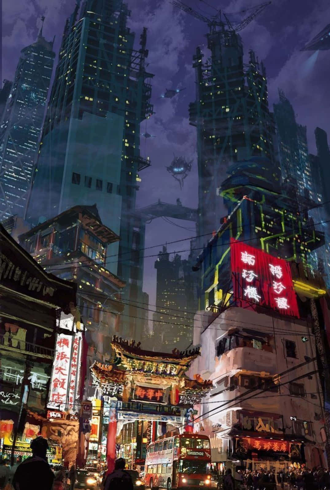 動畫 桌布 壁紙 — 霓虹燈照亮的賽博龐克城市夜景，高聳的摩天大樓、飛行車輛和傳統建築融合在未來的混亂之中。