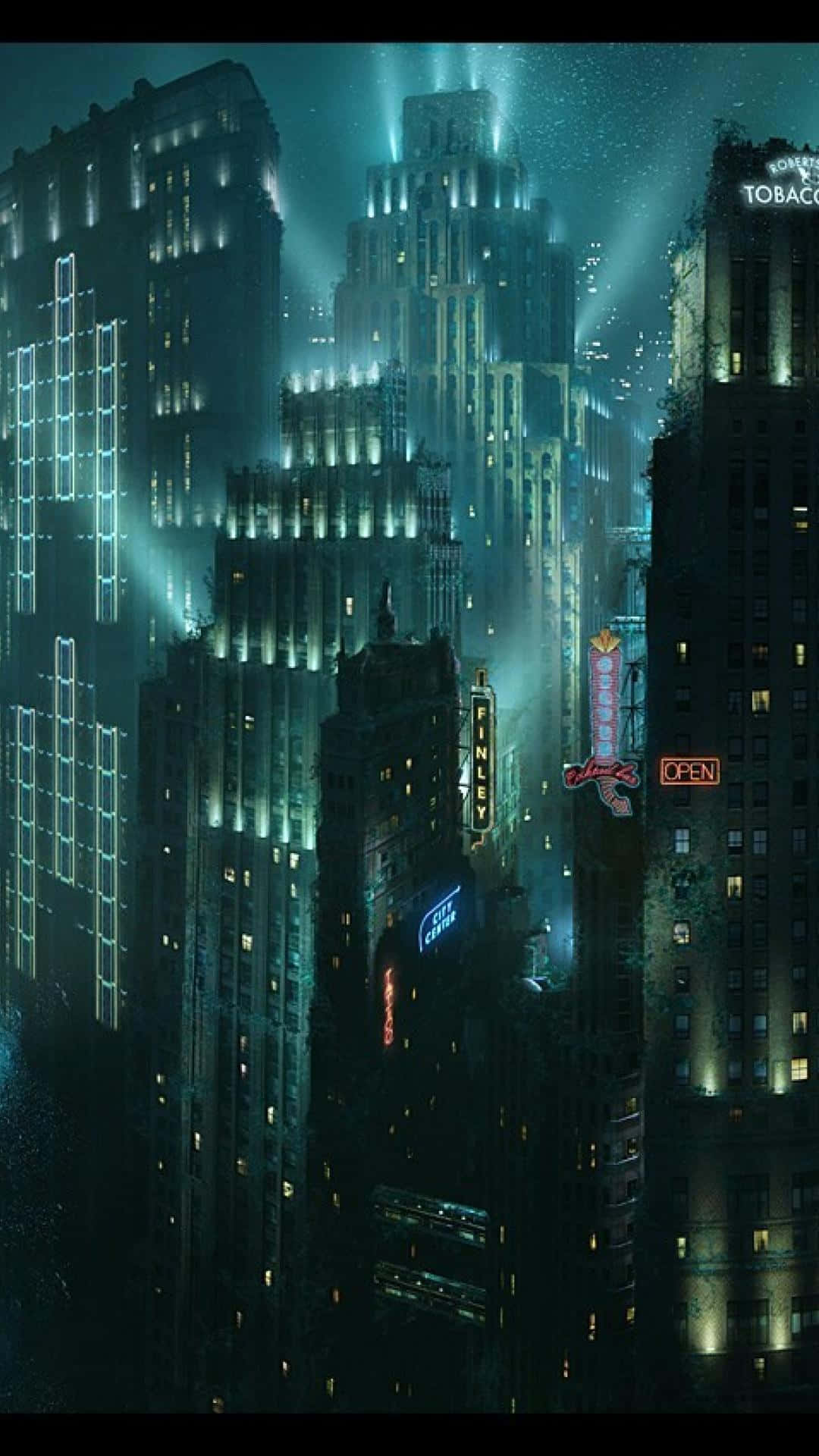 桌布 壁紙 — 霓虹燈照亮的賽博龐克城市夜景，高聳的摩天大樓在霧濛濛的青綠色天空下閃耀。
