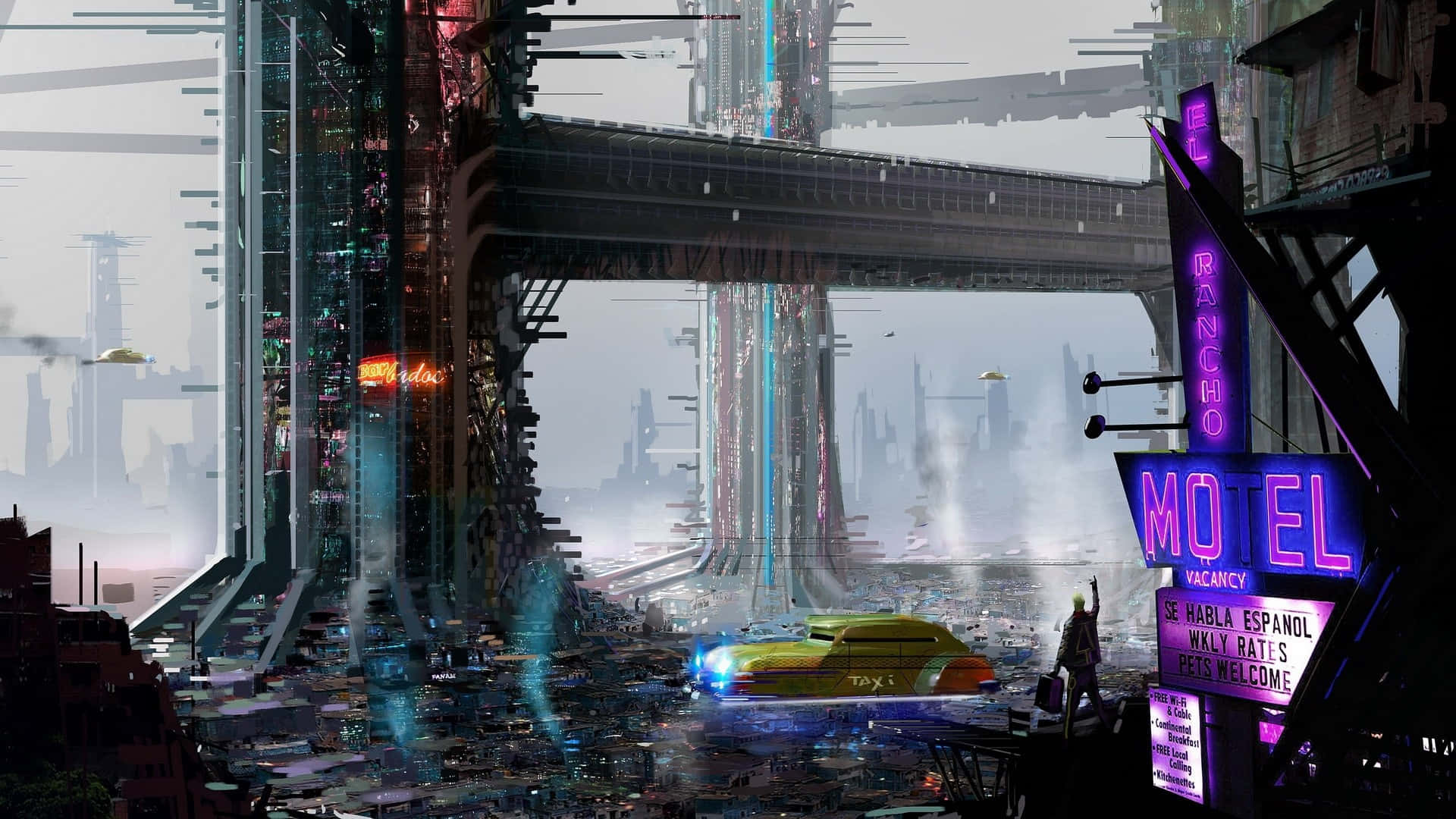3d City 桌布 壁紙 — 霓虹燈照亮的賽博龐克城市景觀，一輛黃色計程車在聳立的大橋下，旁邊閃爍著汽車旅館招牌疾馳。