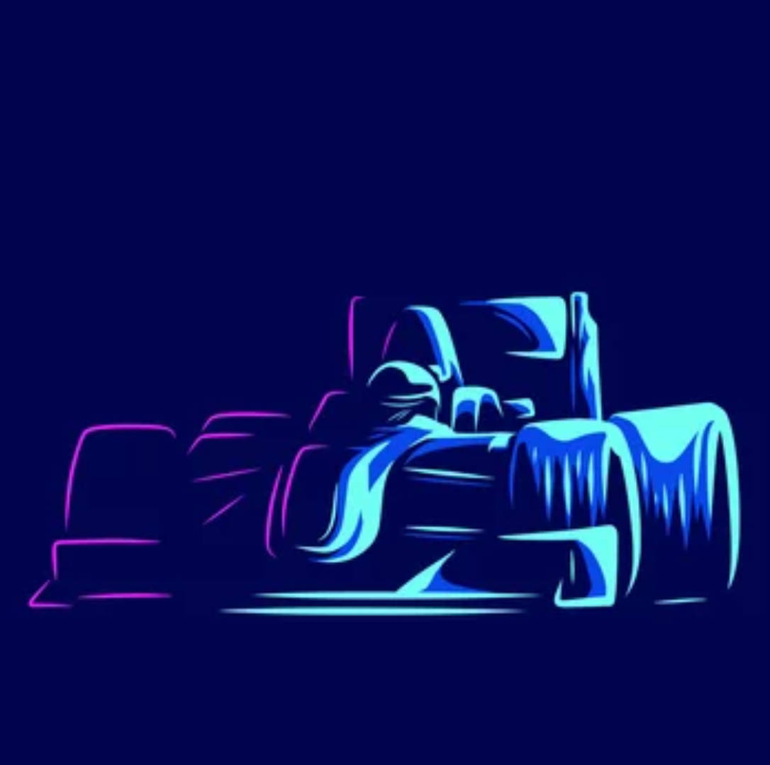 F1 桌布 壁紙 — 霓虹燈照亮的賽車剪影在深海軍藍背景上發出電藍色和紫色的光芒。