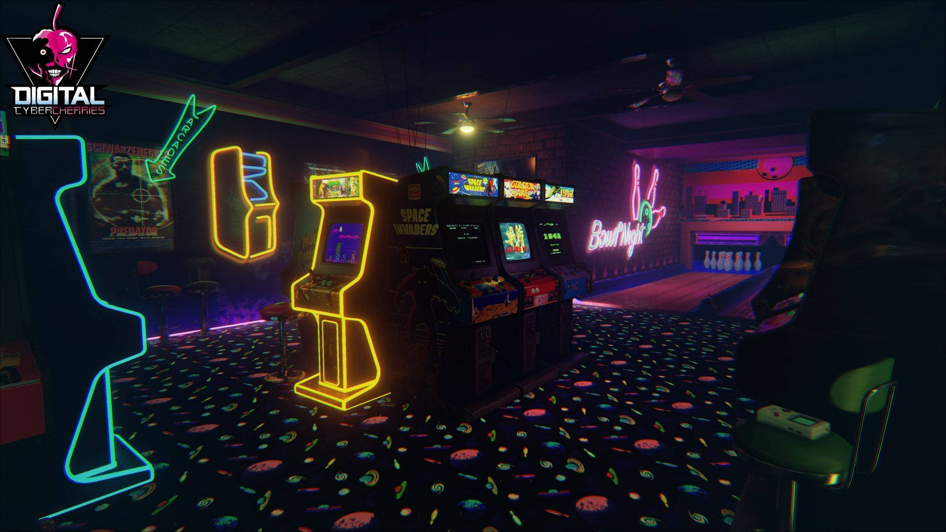 arcade 桌布 壁紙 — 霓虹燈照亮的遊戲機房，發光的機櫃和圖案地毯，在昏暗的環境燈光下。