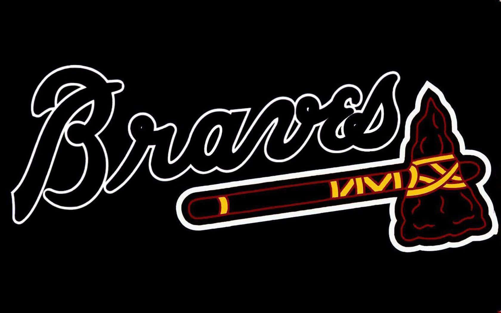 Atlanta Braves Desktop 桌布 壁紙 — 霓虹燈牌發出白色和橙色光芒，拼出Braves字樣，並帶有戰斧標誌，背景為黑色。