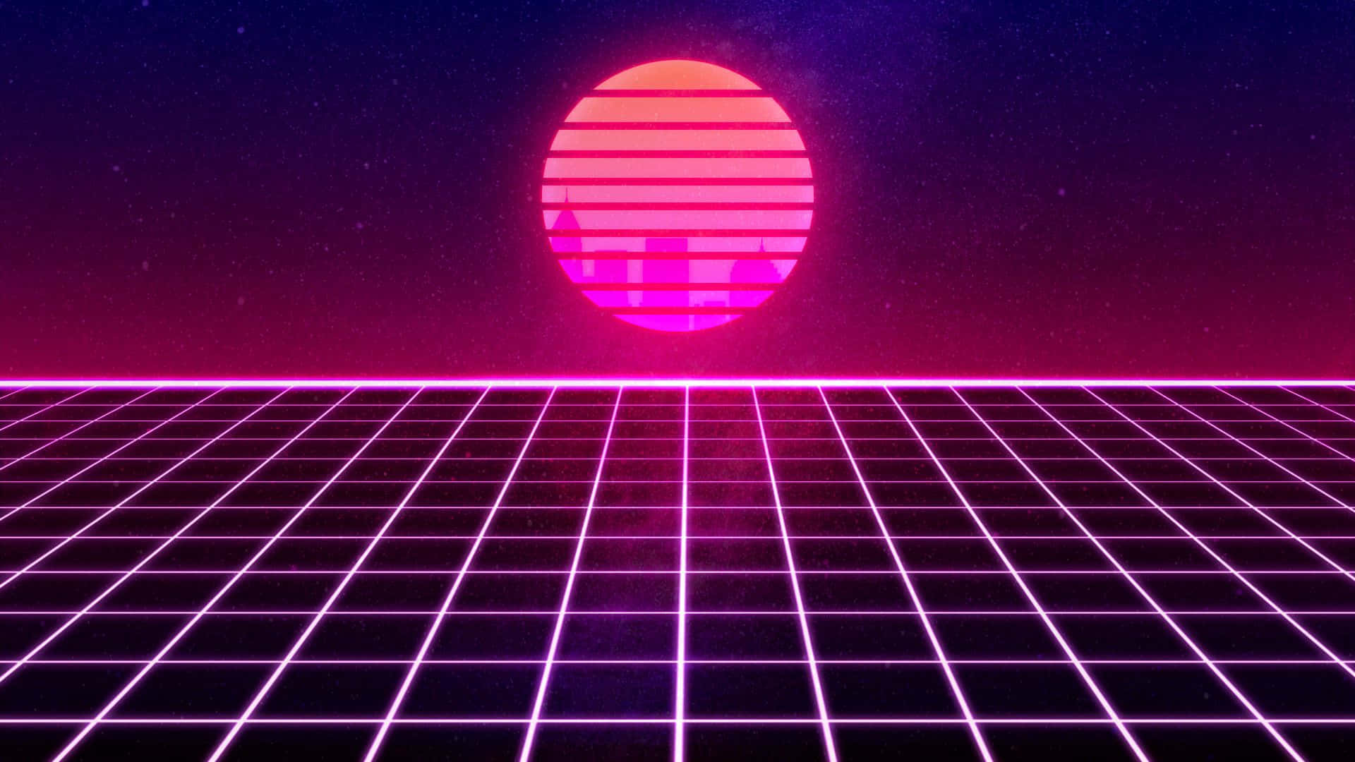 Retro Futurism 桌布 壁紙 — 霓虹燈網格地板延伸向發光的粉紅色日落，映襯著星空下未來城市的天際線。
