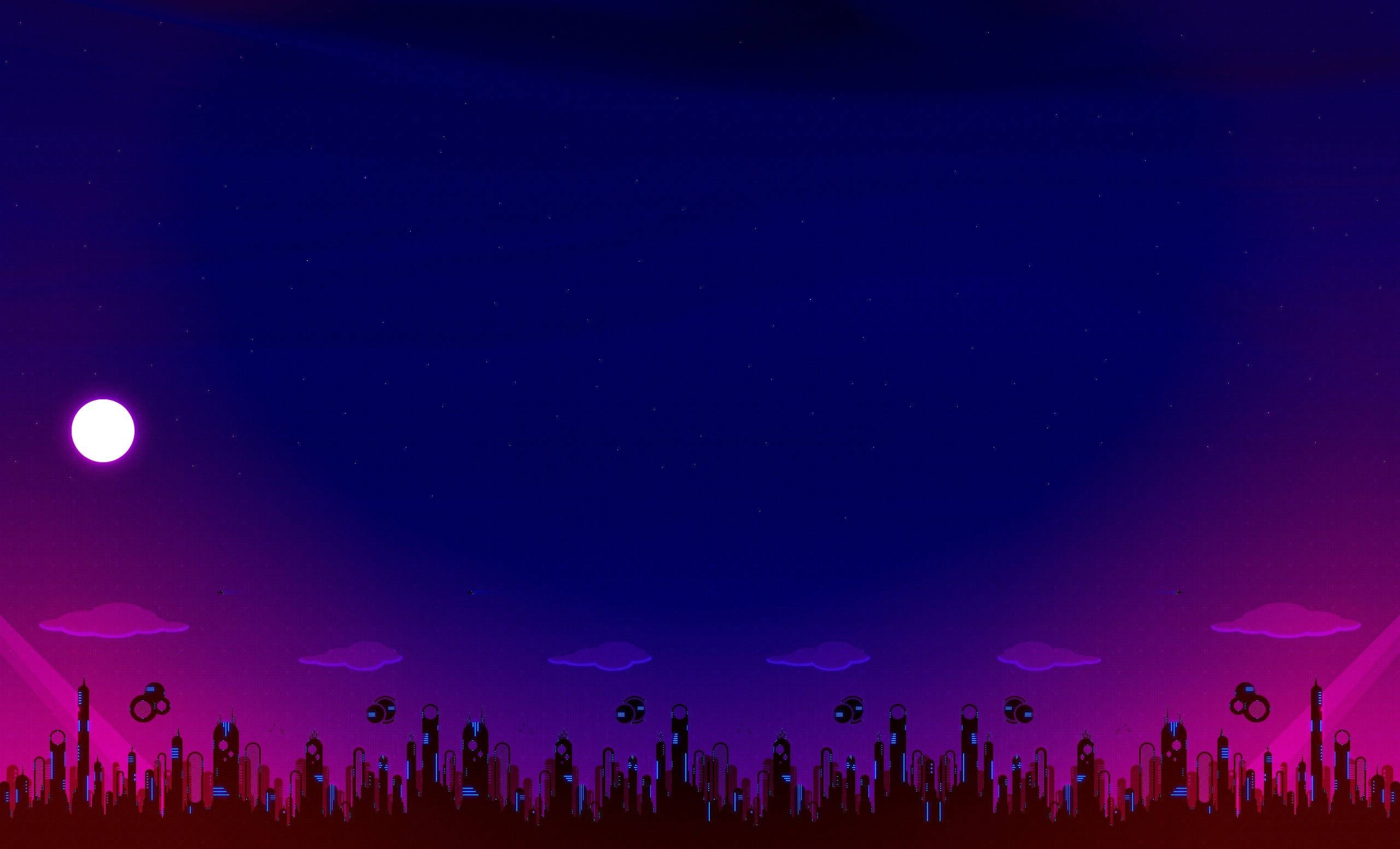 vector 桌布 壁紙 — 霓虹燈閃爍的未來城市天際線，在星光燦爛的暮色天空下，有發光的月亮和飄浮的雲。