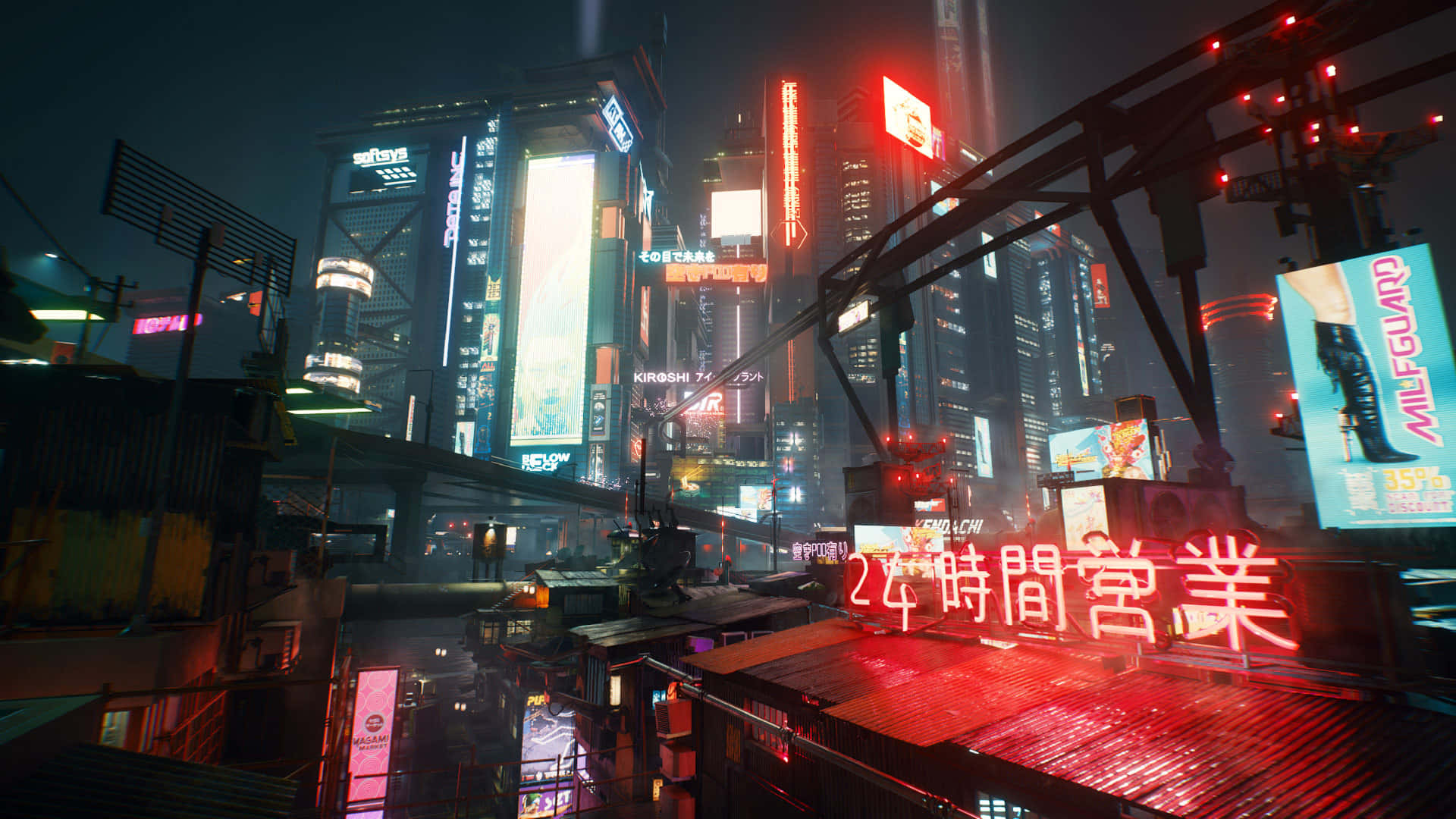 賽博龐克 桌布 壁紙 — 霓虹燈閃爍的賽博龐克城市夜景，高聳的摩天大樓和發光的廣告牌在潮濕的街道上反射。