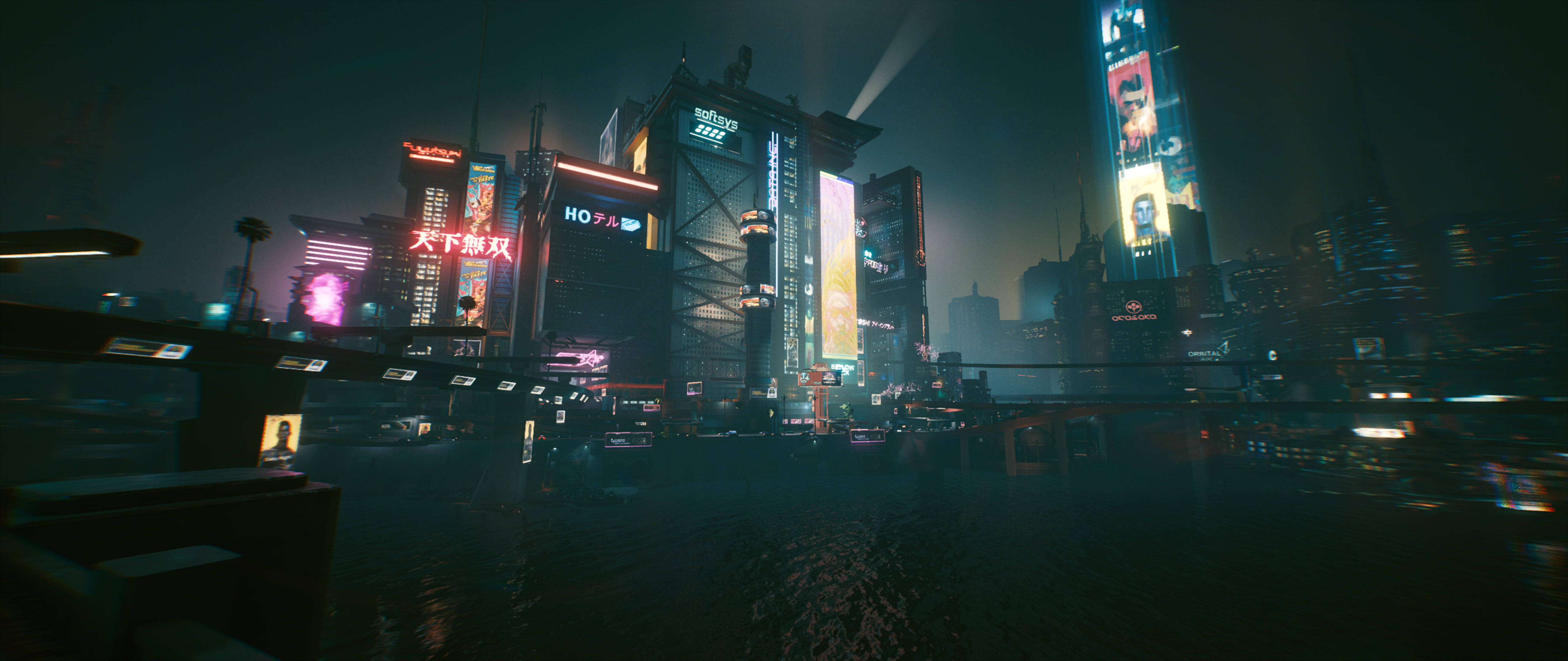 賽博龐克超寬 桌布 壁紙 — 霓虹燈閃爍的賽博龐克城市夜景，高聳的摩天大樓倒映在濕漉漉的街道上。