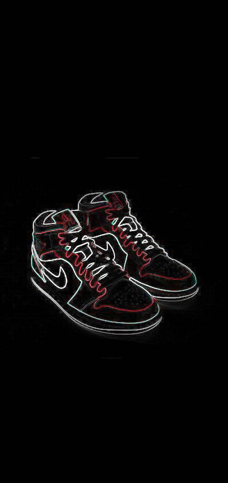 Nike Shoes 桌布 壁紙 — 霓虹燈高筒運動鞋在漆黑背景上發出紅色和青色輪廓的光芒。