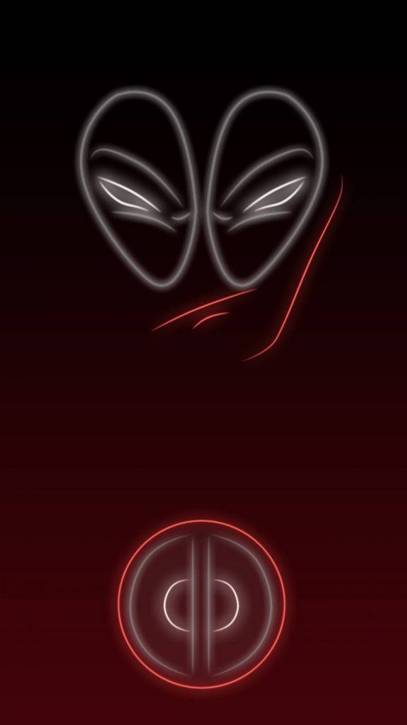 Neon Phone 桌布 壁紙 — 霓虹發光的死侍面具和標誌，背景為深紅色漸變。