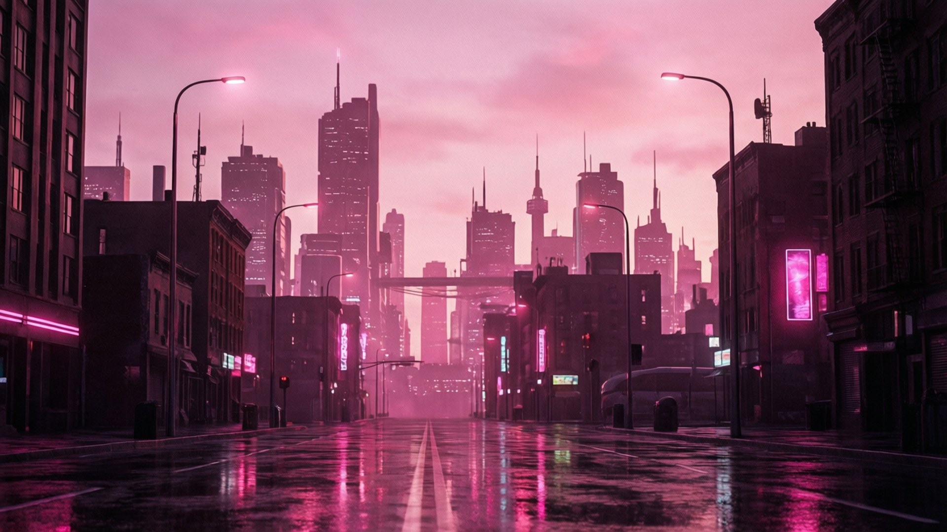 霓虹粉城市暮色 壁紙 — 黃昏時分，一條被雨水打濕的城市街道，在朦朧的粉紅色天空下，反射著高聳摩天大樓的霓虹粉紅燈光。