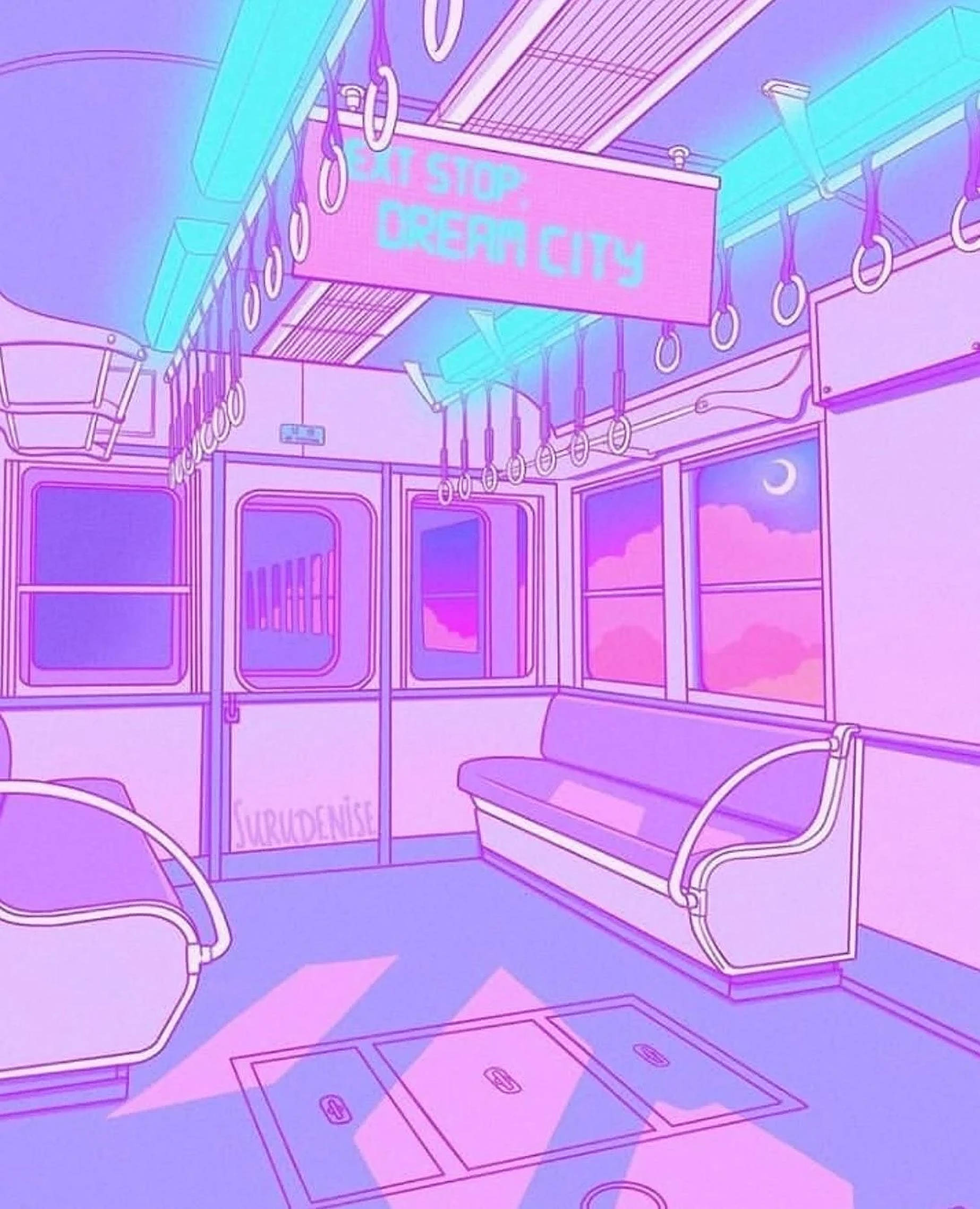 pastel 桌布 壁紙 — 霓虹粉紅和紫色插圖的地鐵車廂內部，新月下有一個寫著「下一站夢想之城」的標誌。