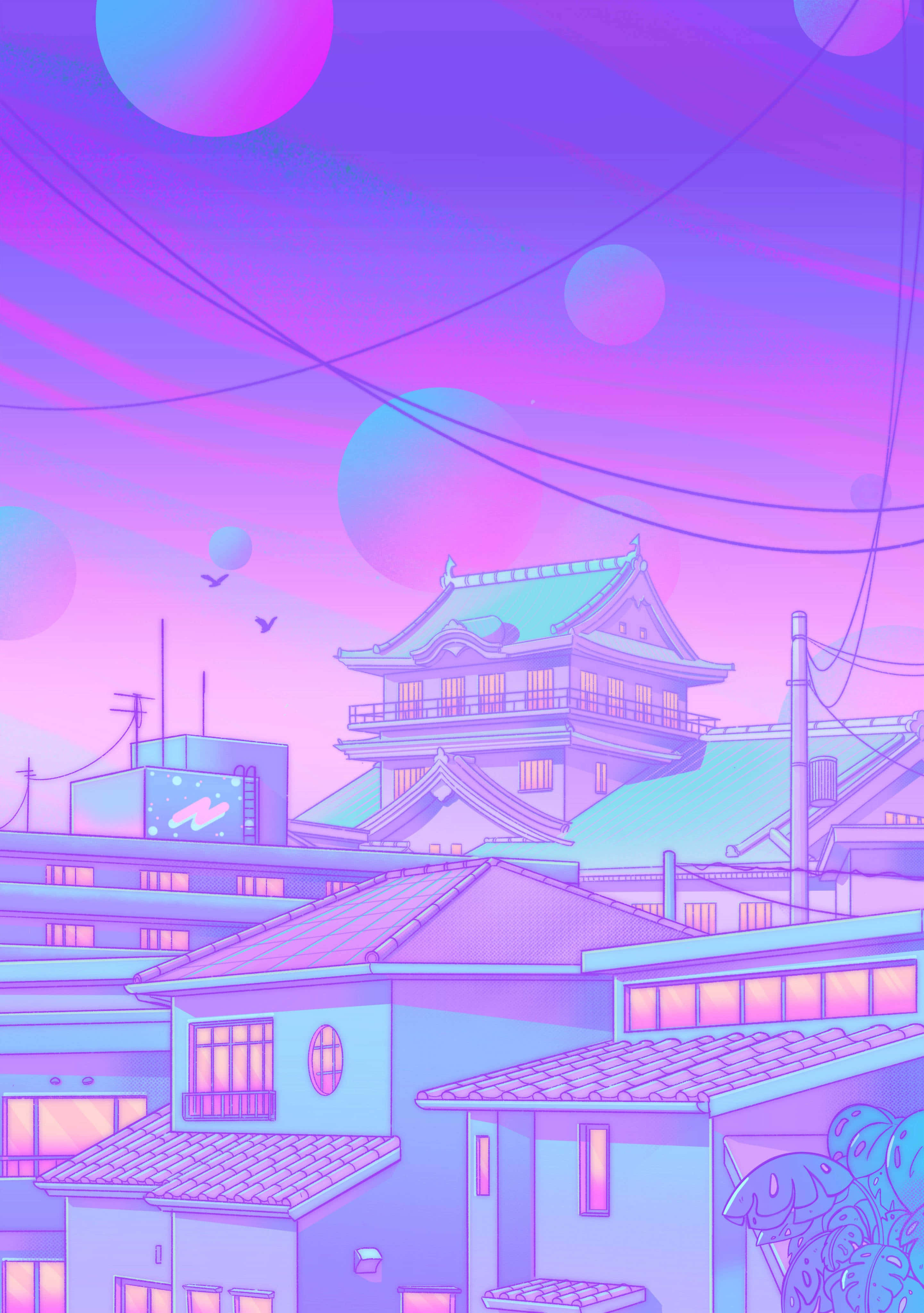 Neighborhood 桌布 壁紙 — 霓虹粉紅和紫色的插圖城市景觀，帶有傳統日本建築，在夢幻的天空下漂浮著球體。