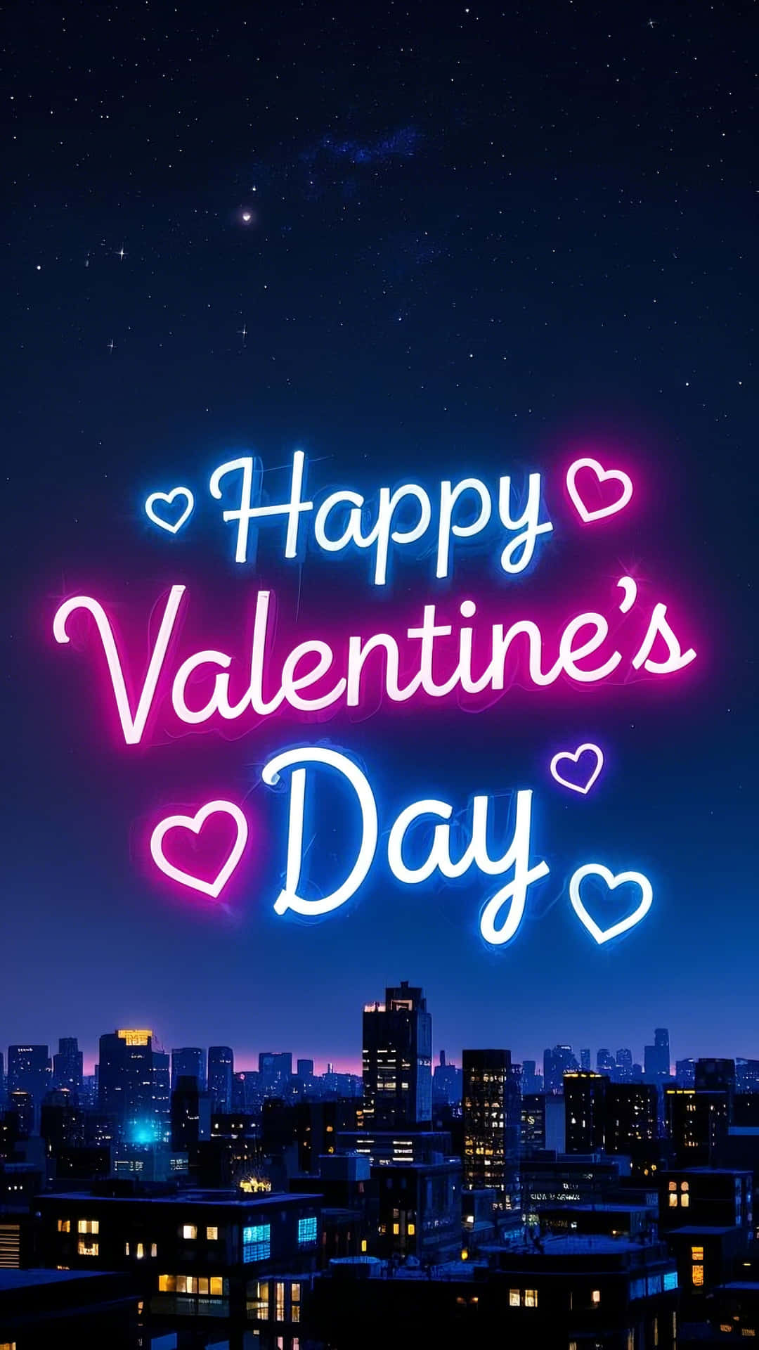 Happy Valentine's Day in bold neon letters with glowing effect 壁紙 — 霓虹粉紅和藍色 'Happy Valentine's Day' 文字，心形在星空夜景城市上空發光。