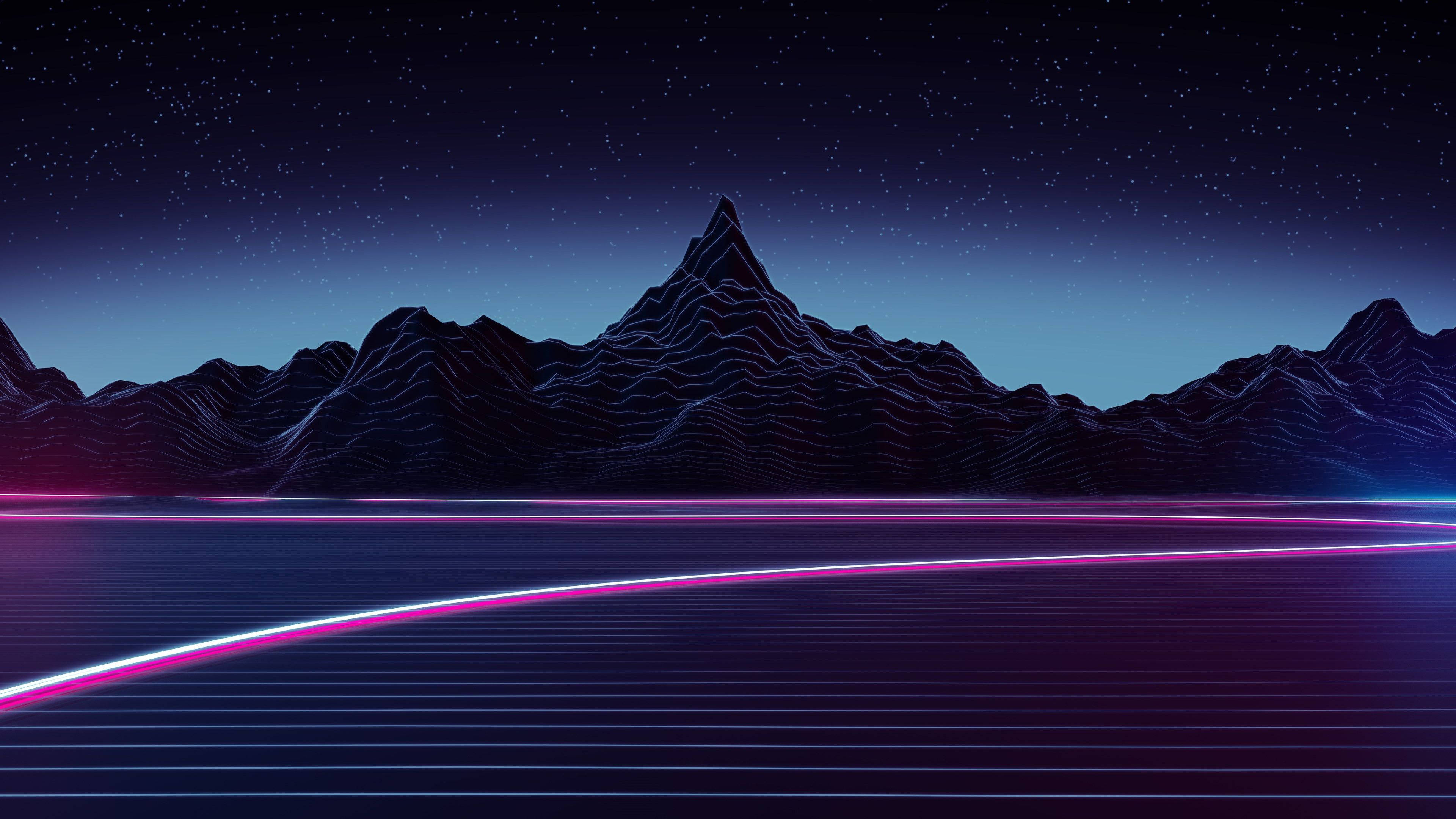 Outrun 桌布 壁紙 — 霓虹粉紅和藍色光跡在星空夜空和鋸齒狀復古未來主義山脈下的網格地板上彎曲。