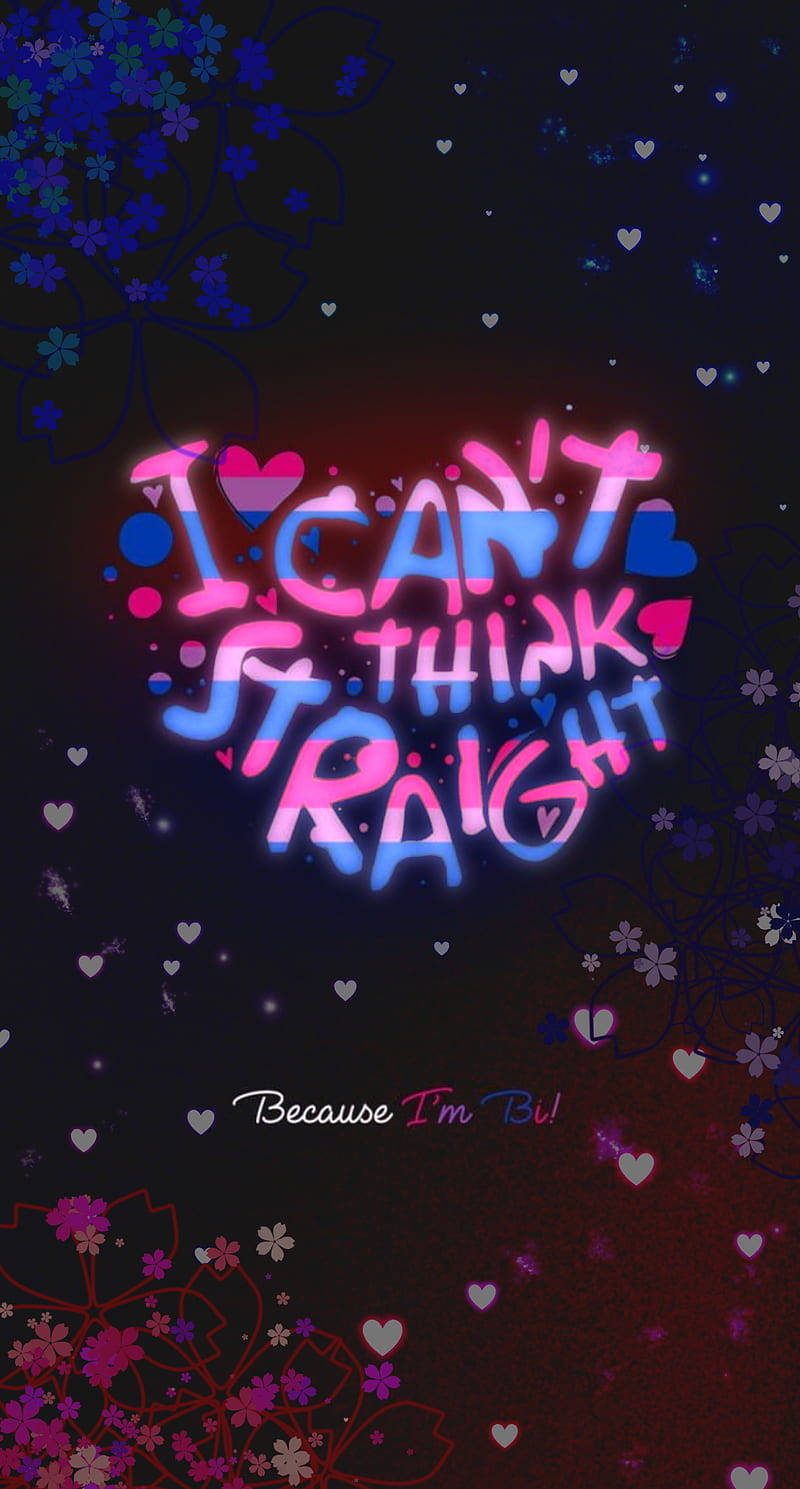 驕傲 桌布 壁紙 — 霓虹粉紅和藍色文字顯示「I CAN'T THINK STRAIGHT」，在一個被發光心形和花卉圖案包圍的心形內，背景為深色。