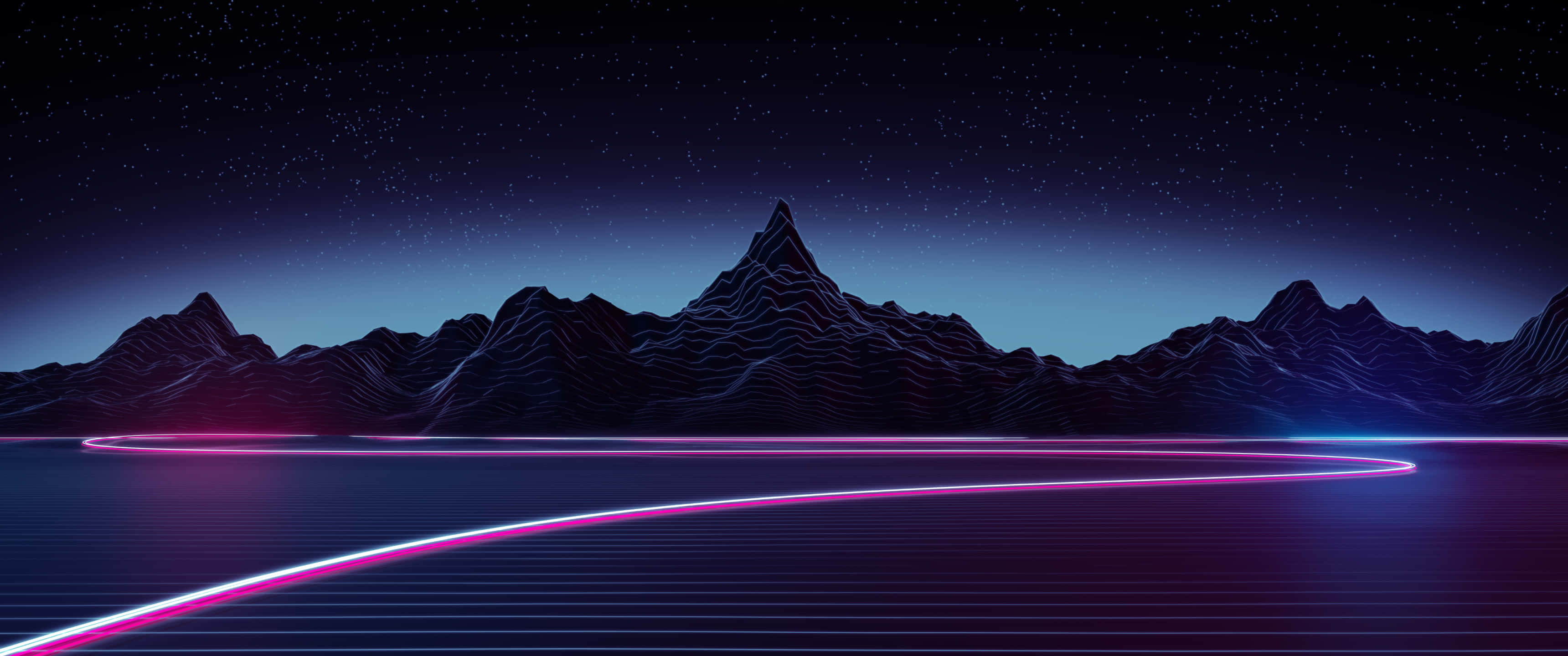 3440x1440 Neon 桌布 壁紙 — 霓虹粉紅和藍色發光線條在星夜下彎曲穿過網格地板，背景是鋸齒狀的山脈輪廓。