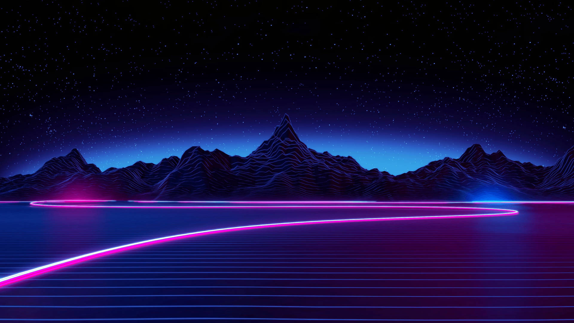 霓虹發光線條在星空夜山下的數位網格湖上彎曲。 — 超寬 GIF 壁紙