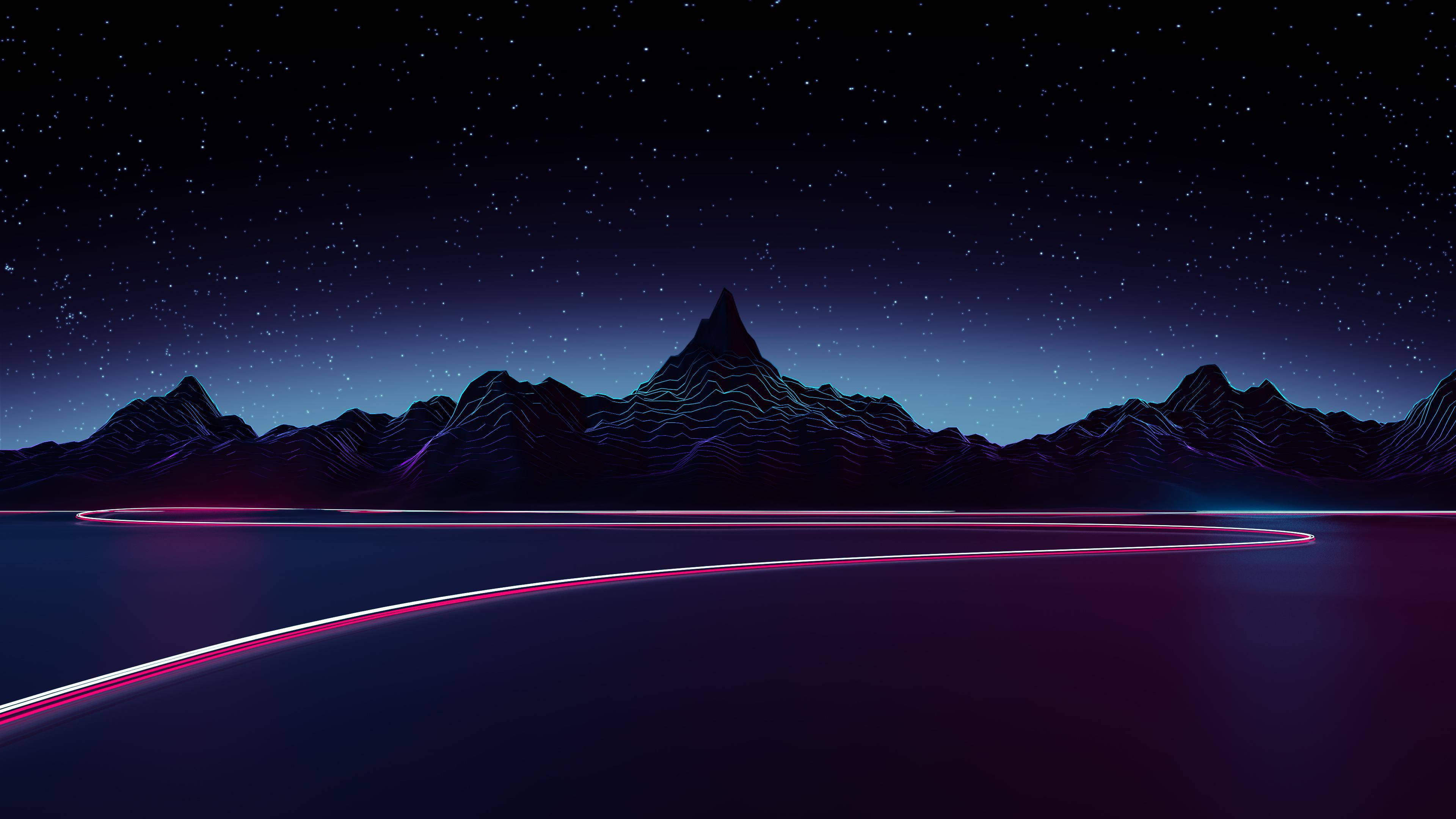 風景 桌布 壁紙 — 霓虹粉紅和藍色發光線條在黑暗的湖面上彎曲，下方是繁星點點的夜空和鋸齒狀的山脈輪廓。