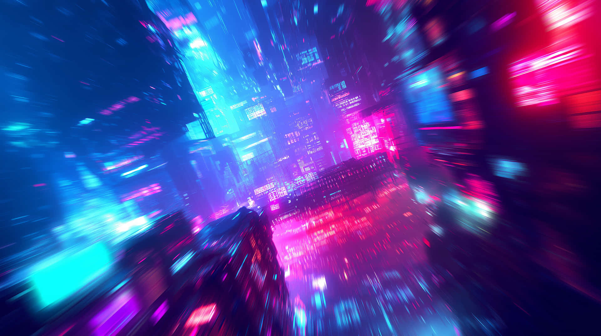 Dizzying First-Person View of a Neon Cyberpunk City at Night 壁紙 — 霓虹粉紅和青色燈光的超高速模糊劃過未來主義的賽博龐克城市景觀。