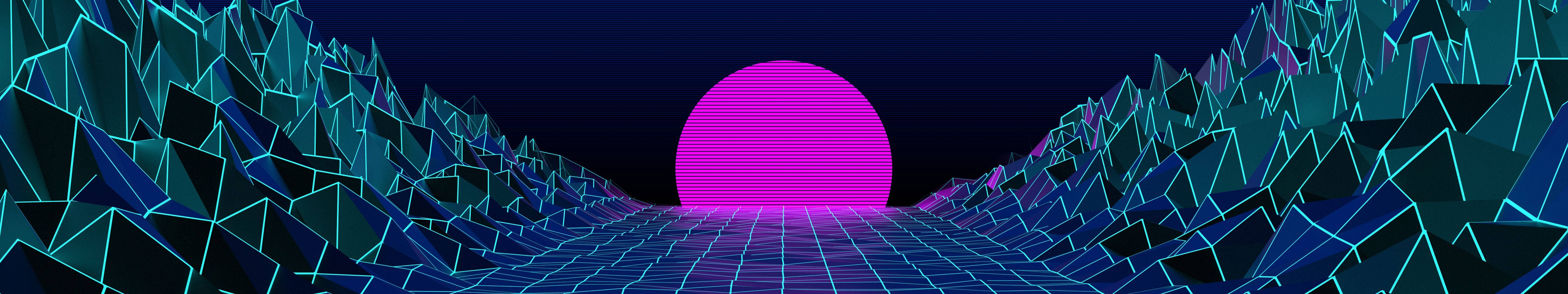 Vaporwave 桌布 壁紙 — 霓虹粉紅太陽升起在發光藍色網格上，兩側是鋸齒狀幾何山脈的復古未來主義景觀。