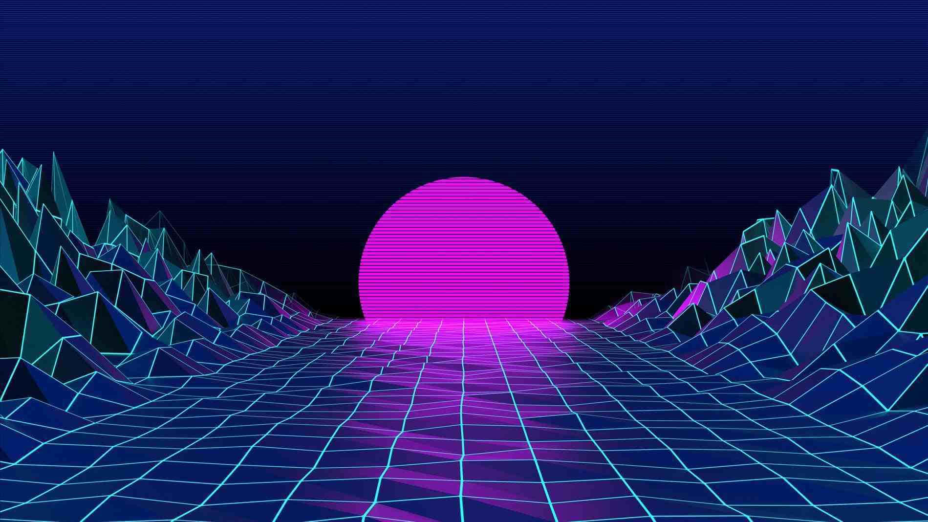 Glitch 桌布 壁紙 — 霓虹粉紅太陽在幾何山脈上升起，背景是帶有發光青色線條的復古未來風格網格景觀。